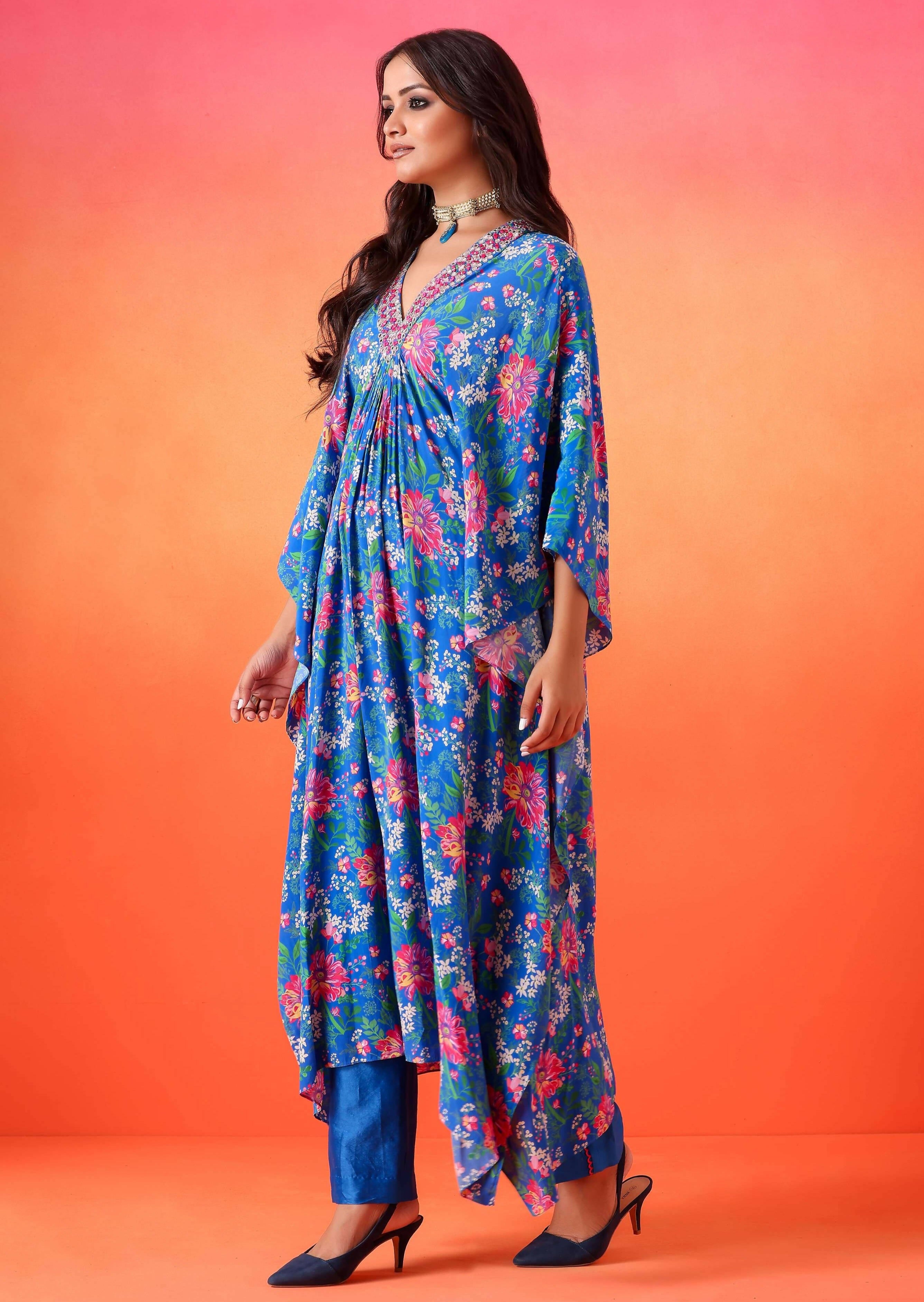 Electric Blue Floral Printed Kaftan with Pants