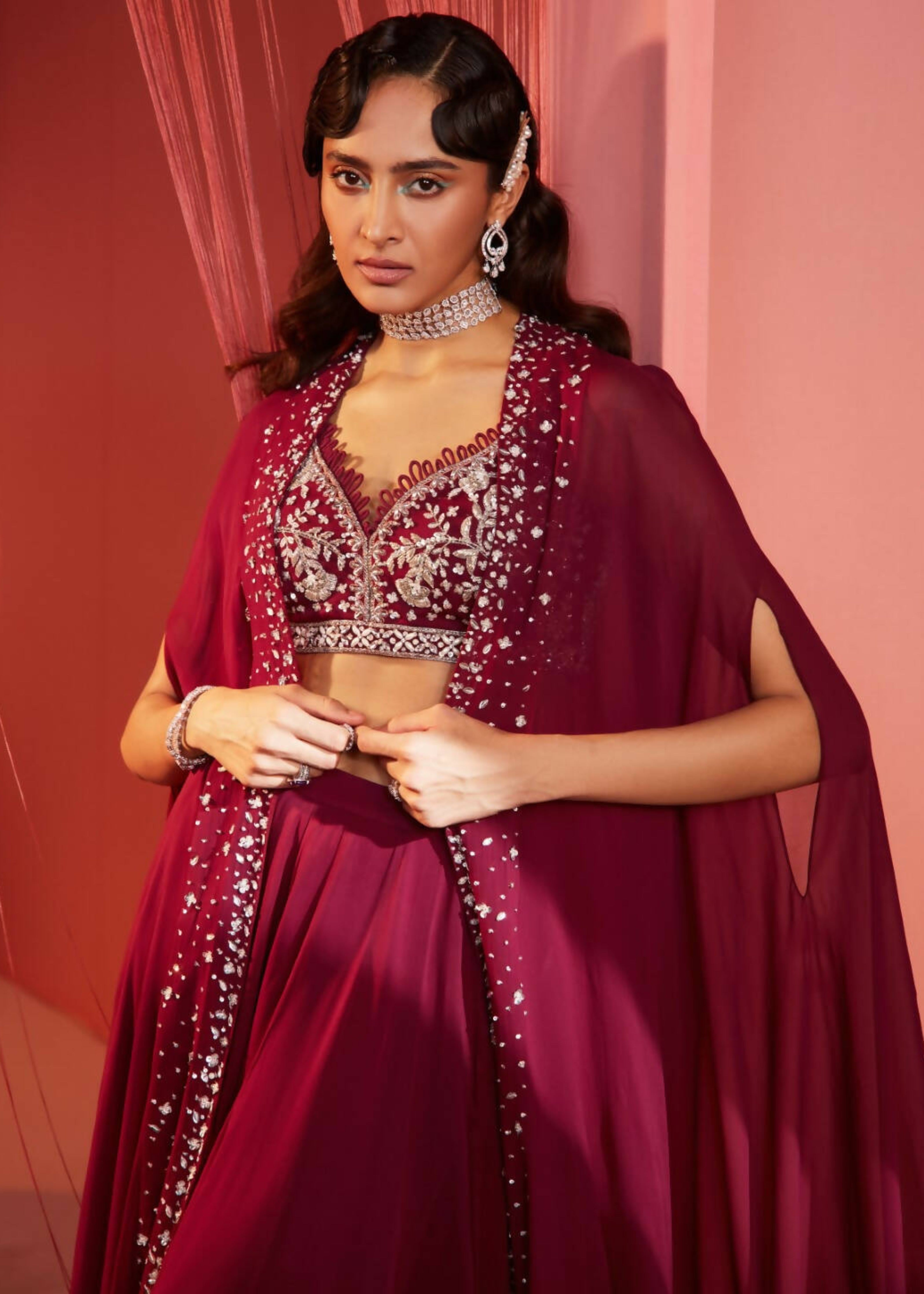 Plum Cape Blouse and Palazzo Set