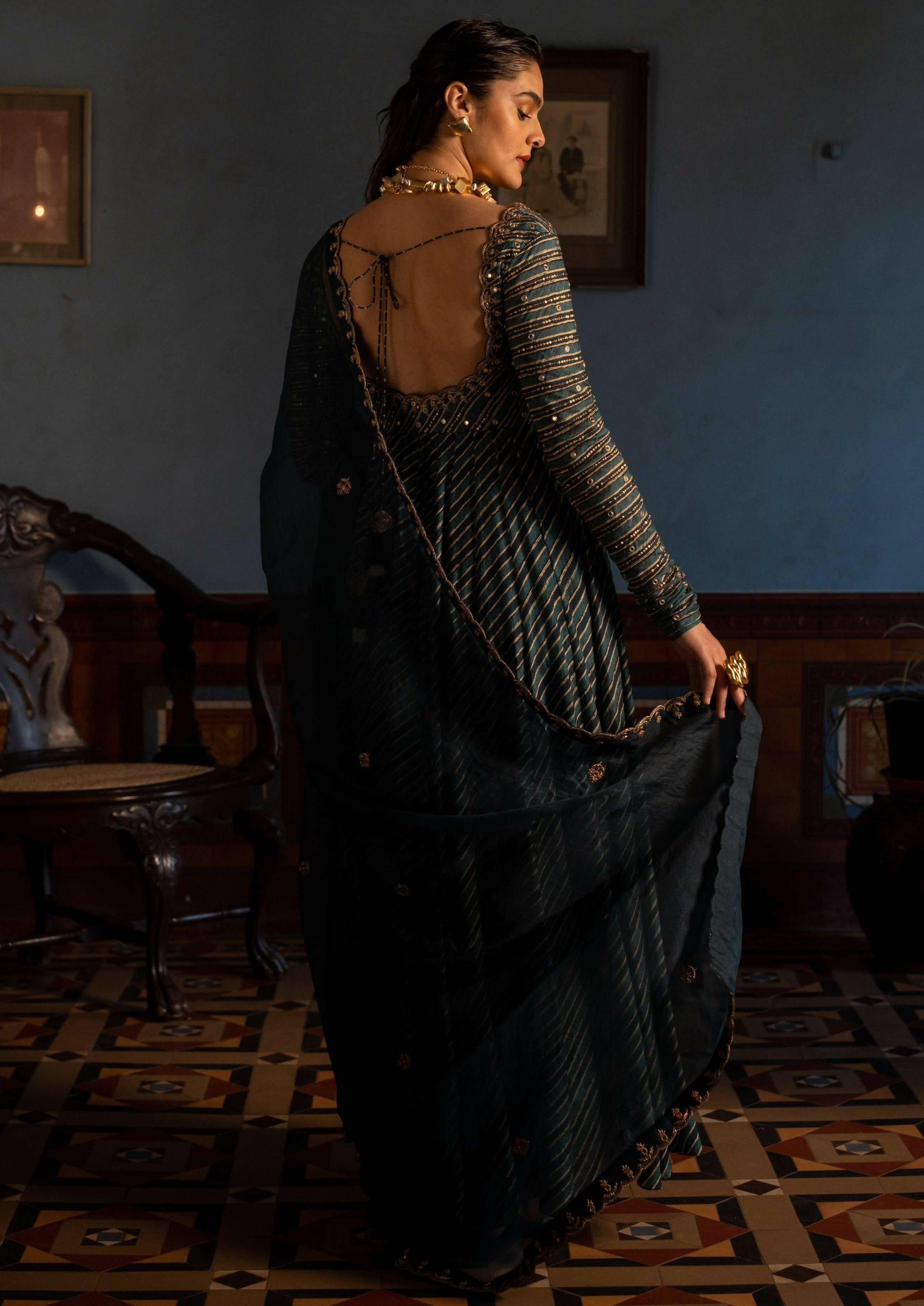 Teal Blue Lehriya Printed Anarkali Set