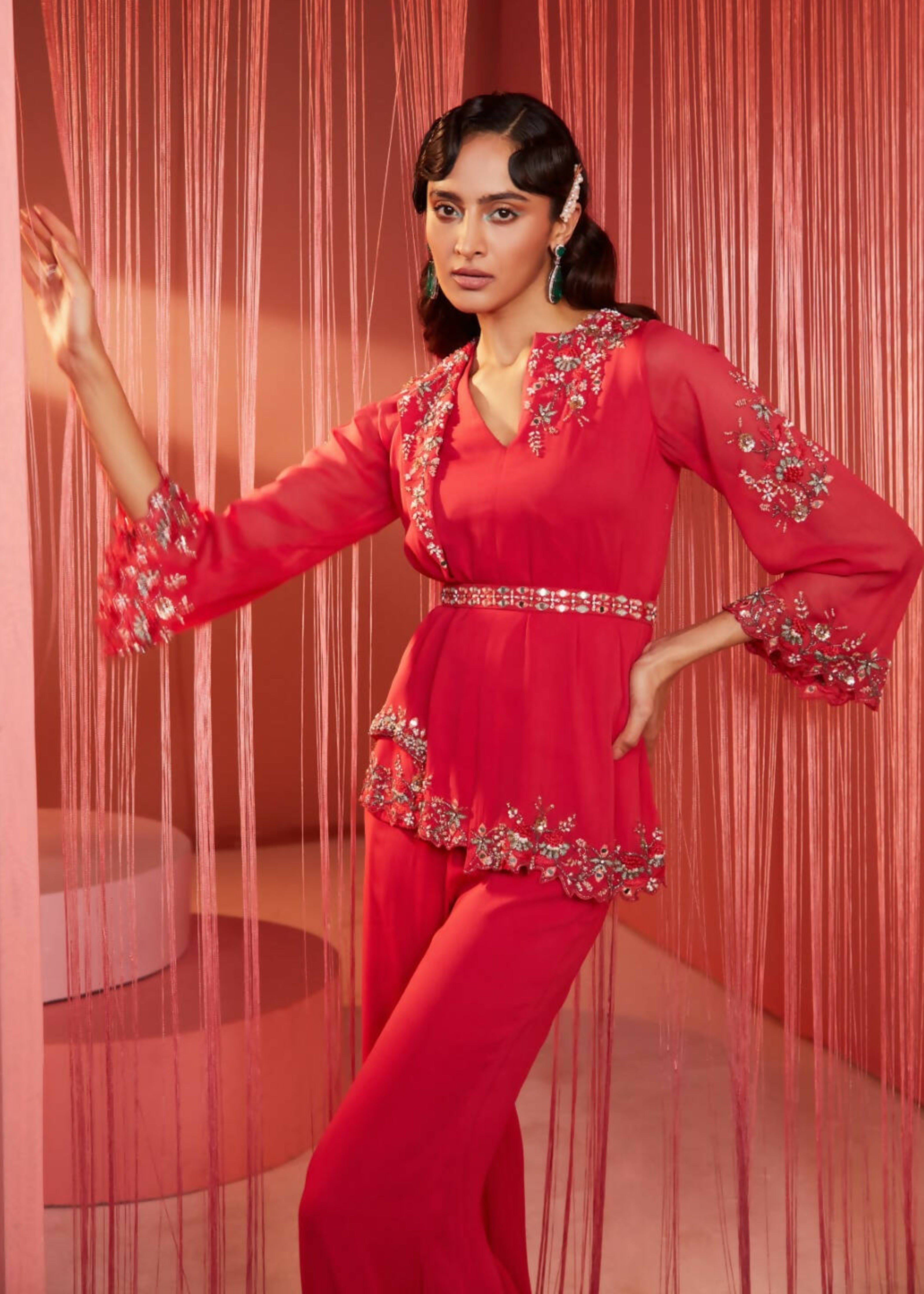 Coral Red Double Flap Kurta and Pants