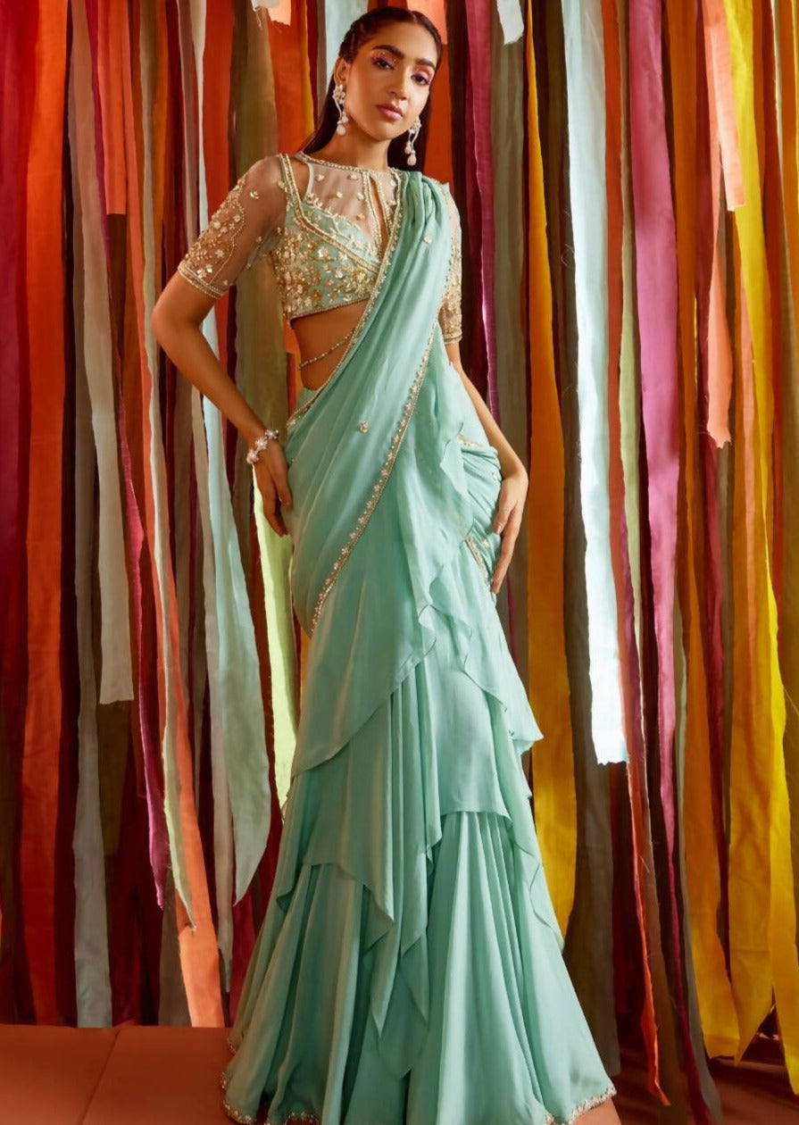 Mint Green Tiered Ruffle Sari