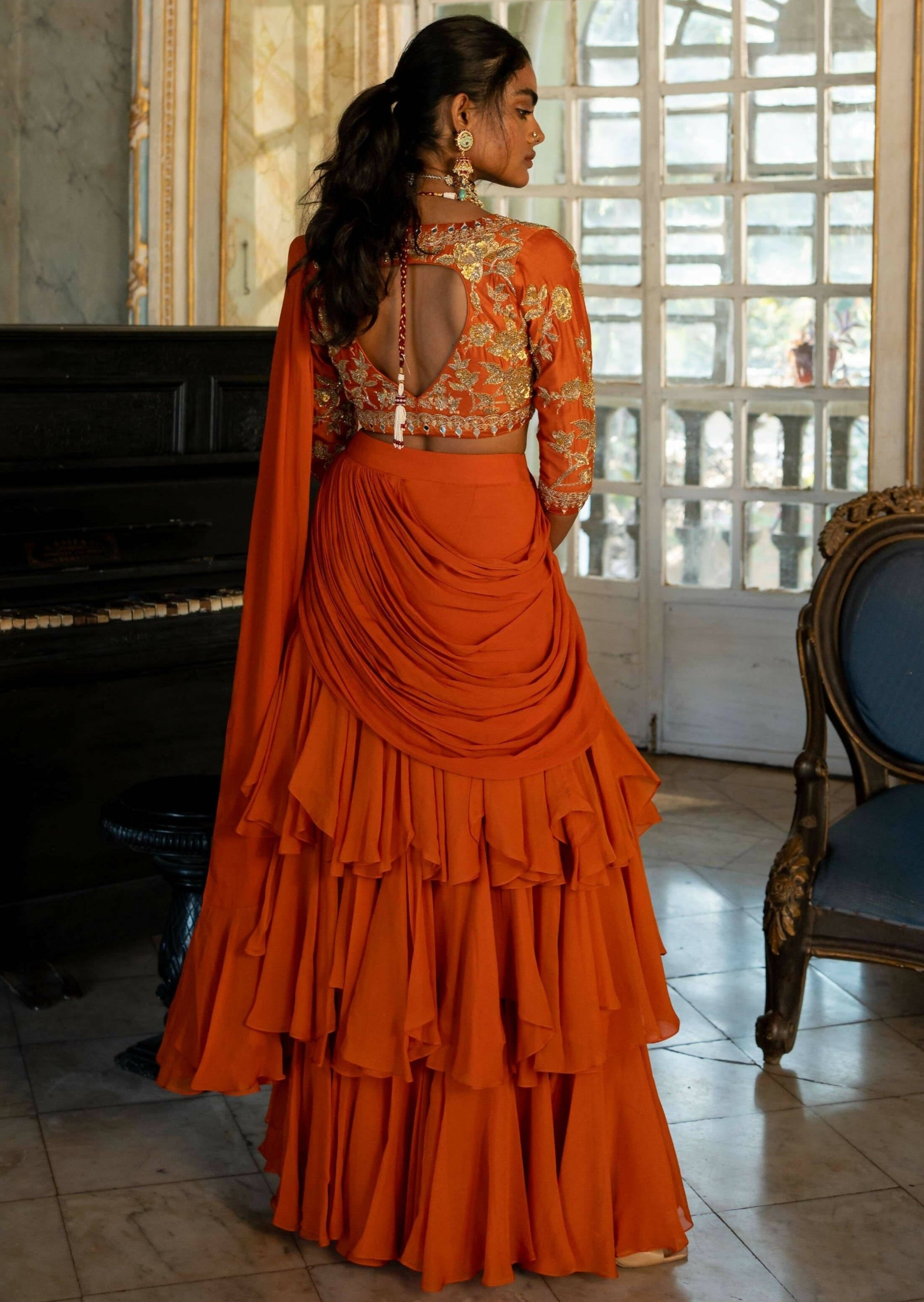 Burnt Orange Three-Layered Sari Set
