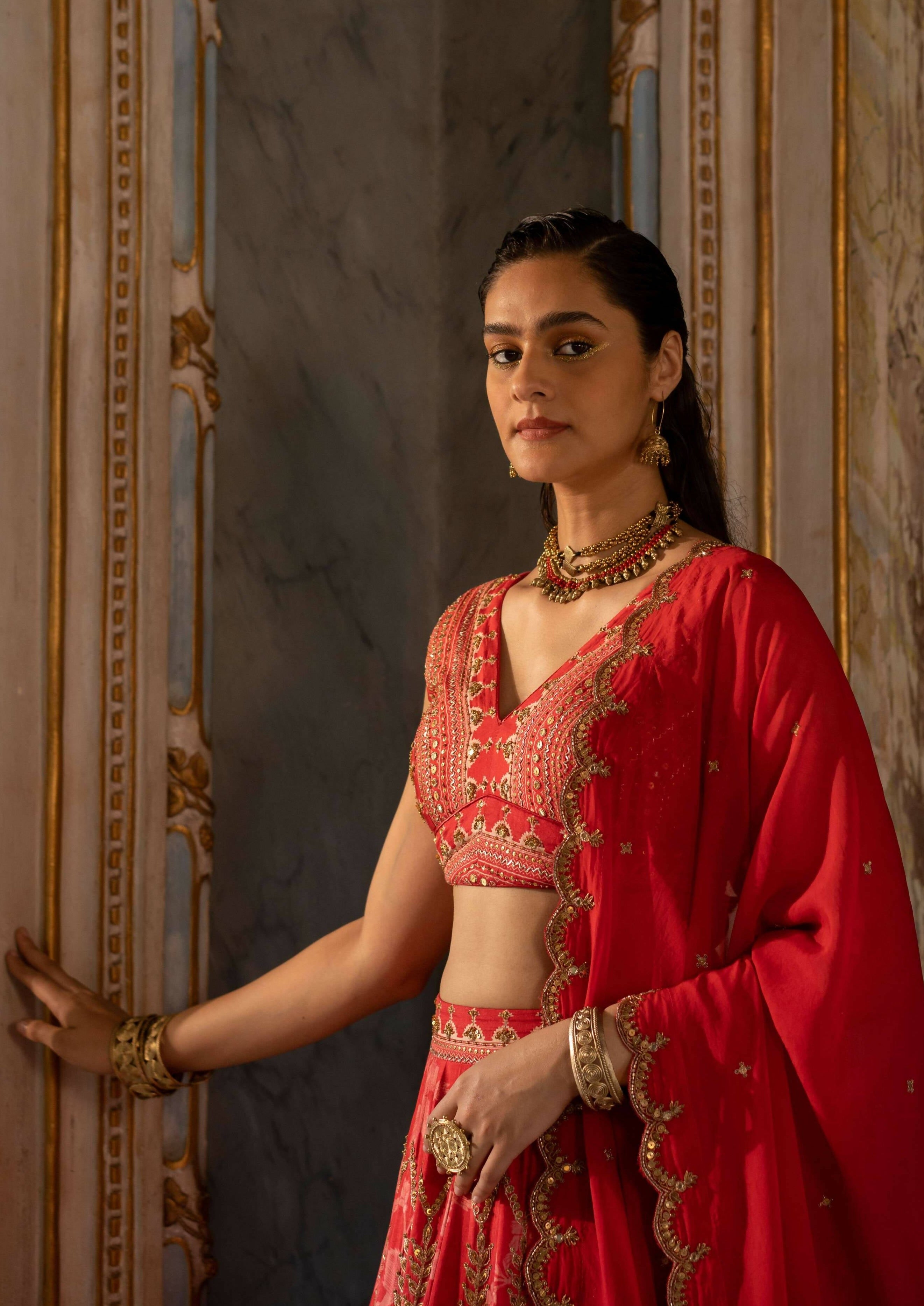 Red Mono Floral Lehenga Set
