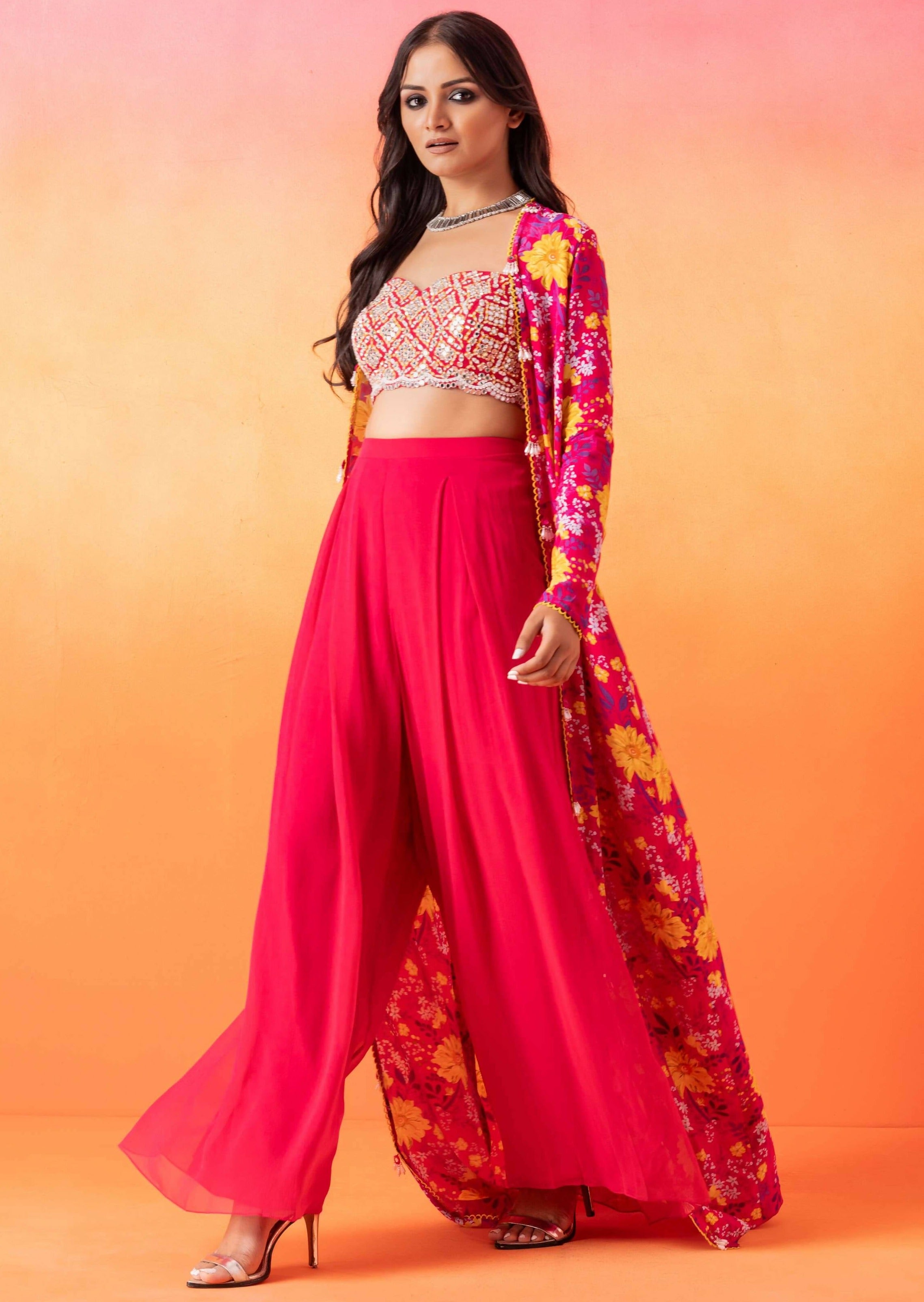 Fuschia Pink Floral Print Pant Set