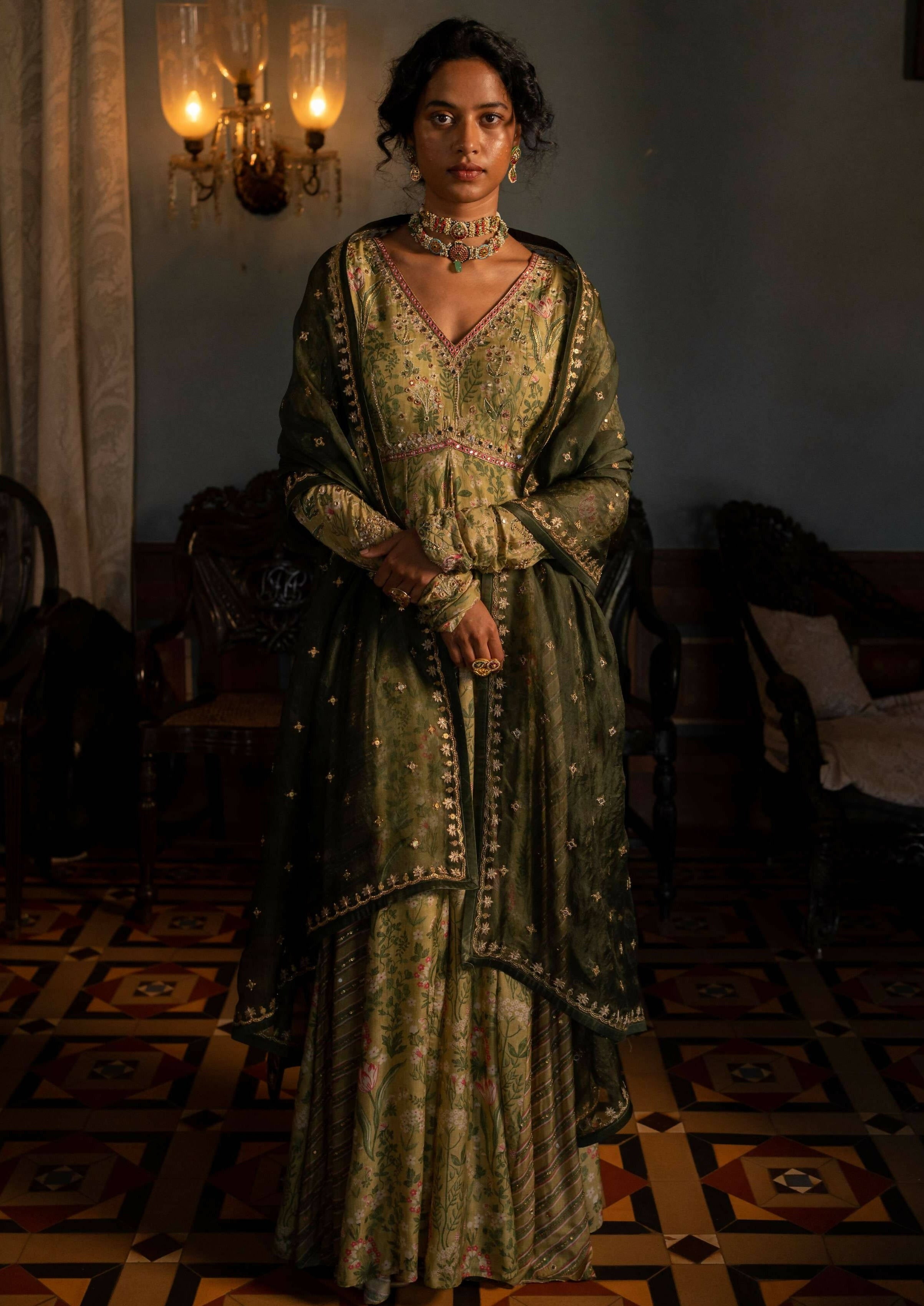 Sage Green Tropical Backless Anarkali Set