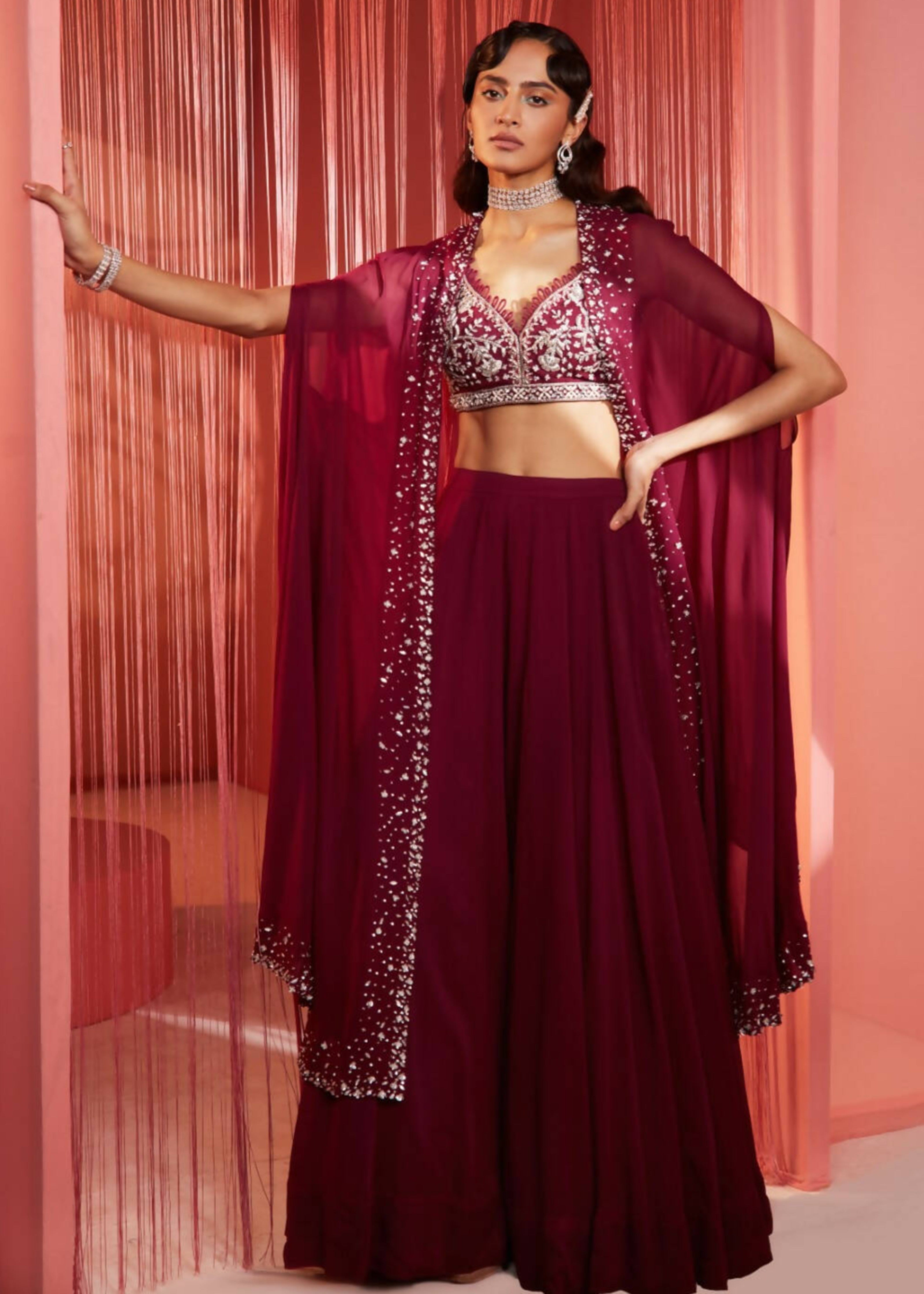 Plum Cape Blouse and Palazzo Set