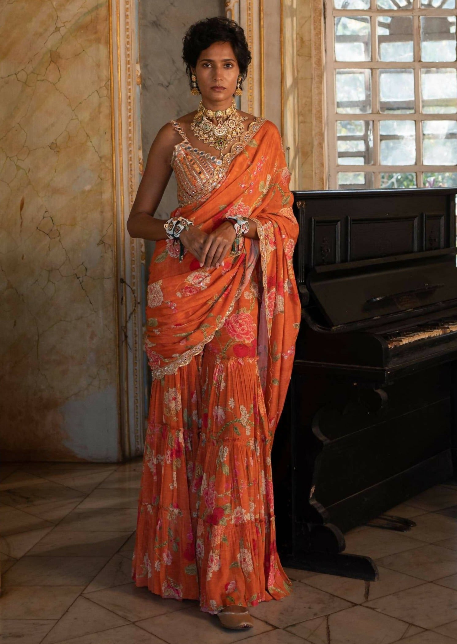 Burnt Orange Floral Sari Set