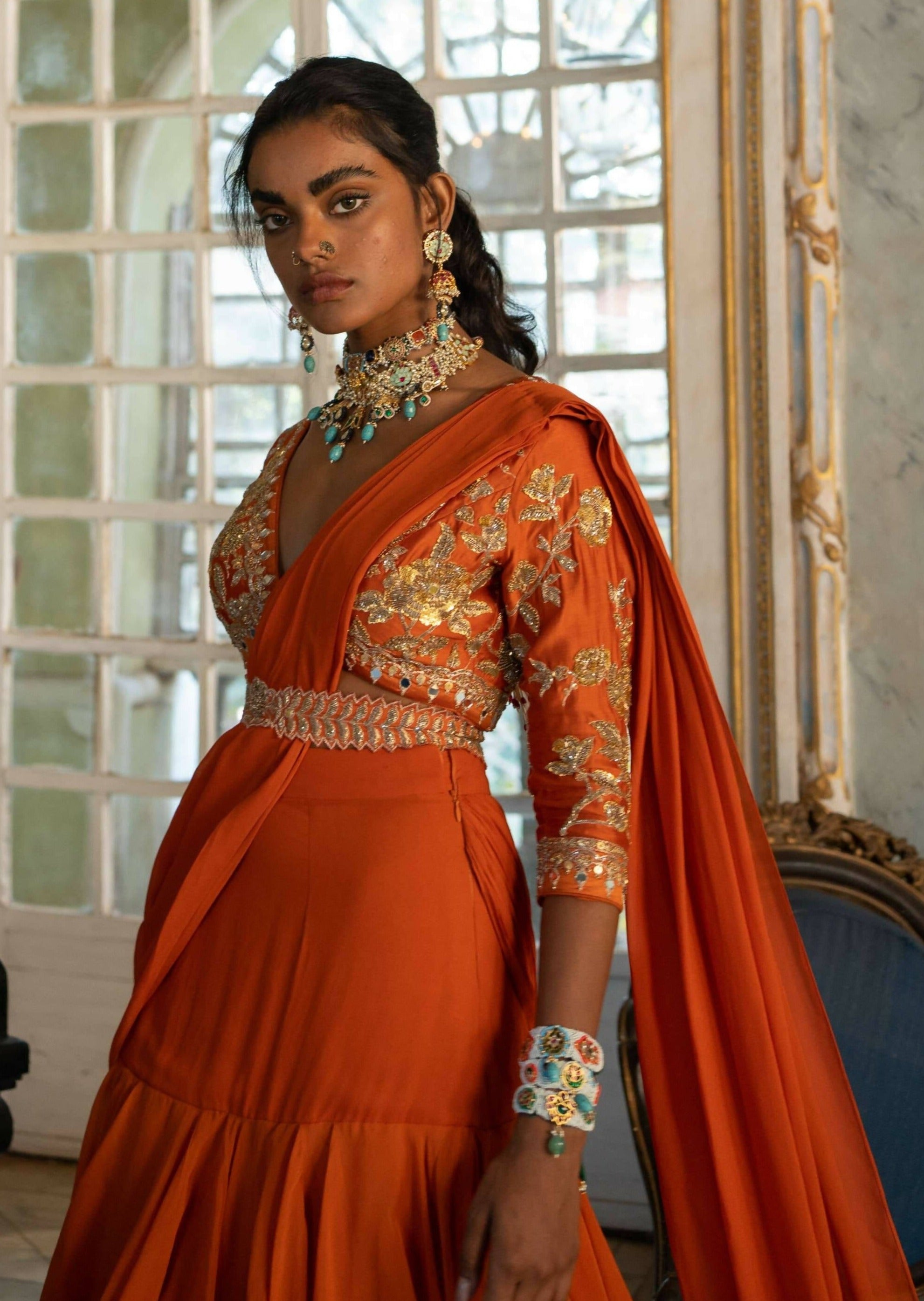 Burnt Orange Three-Layered Sari Set