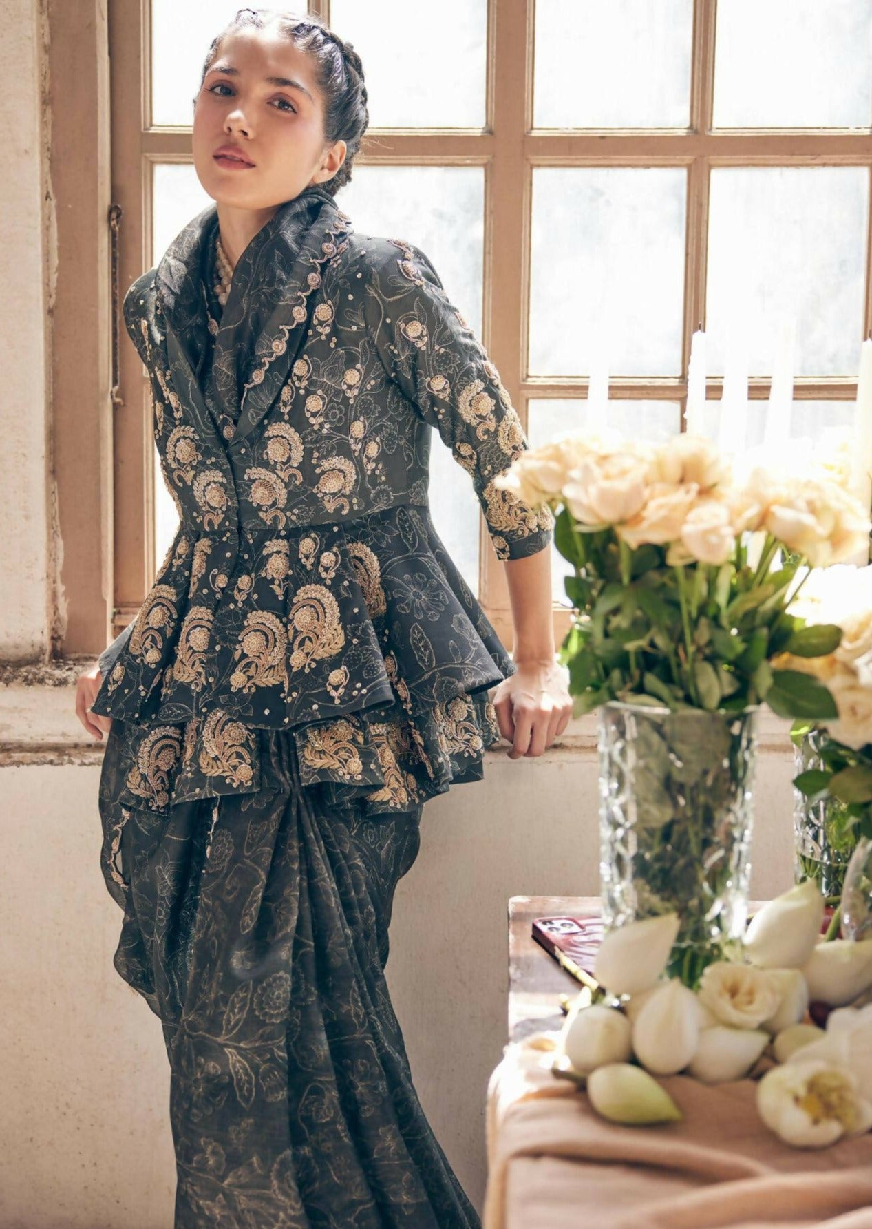 Black Deer Printed Sari Set