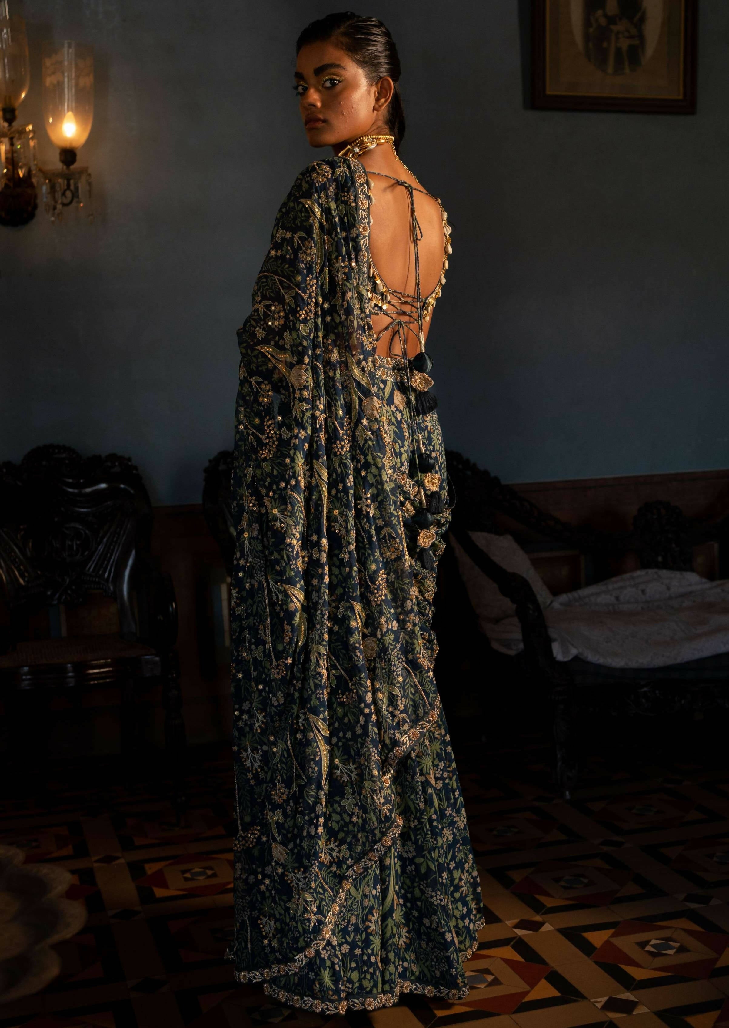 Tropical Print Shell Blouse Sari Set