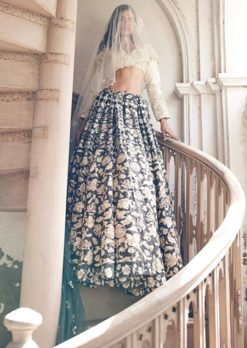 Black Vintage Floral Lehenga Set