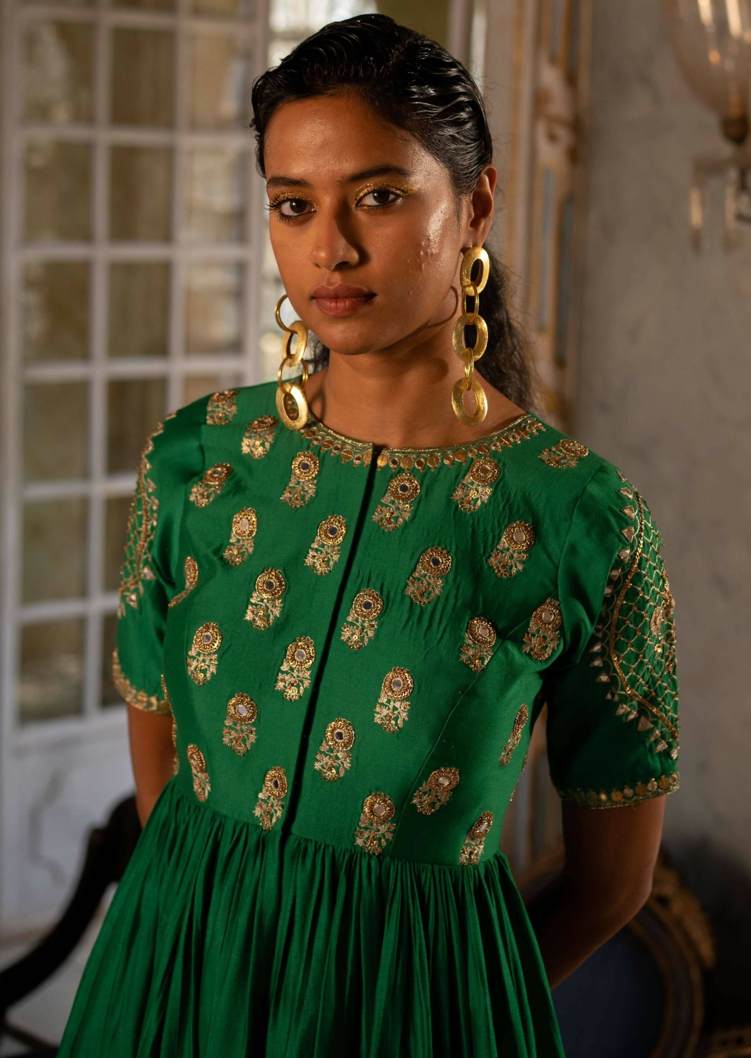 Emerald Green Motif Peplum Set
