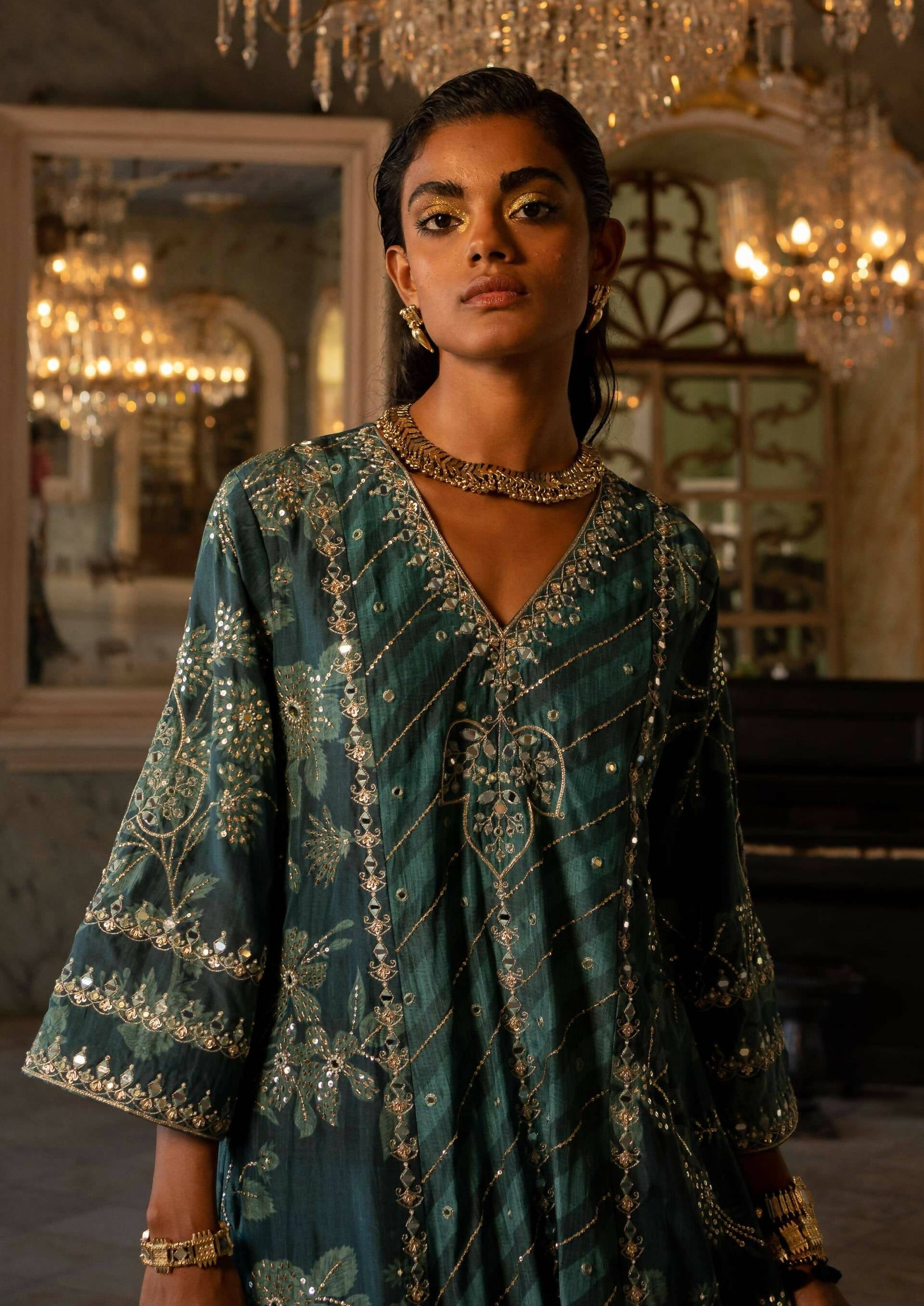 Teal Blue Floral and Stripe Kurta Set