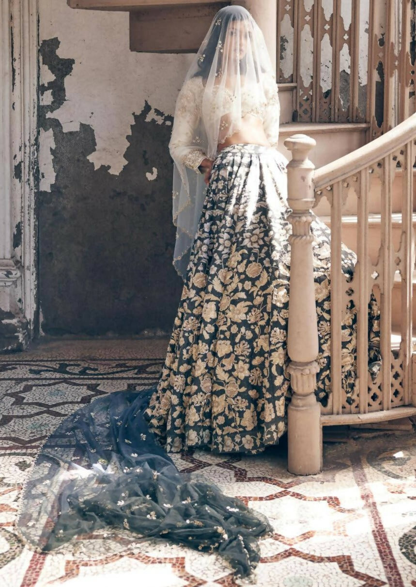Black Vintage Floral Lehenga Set
