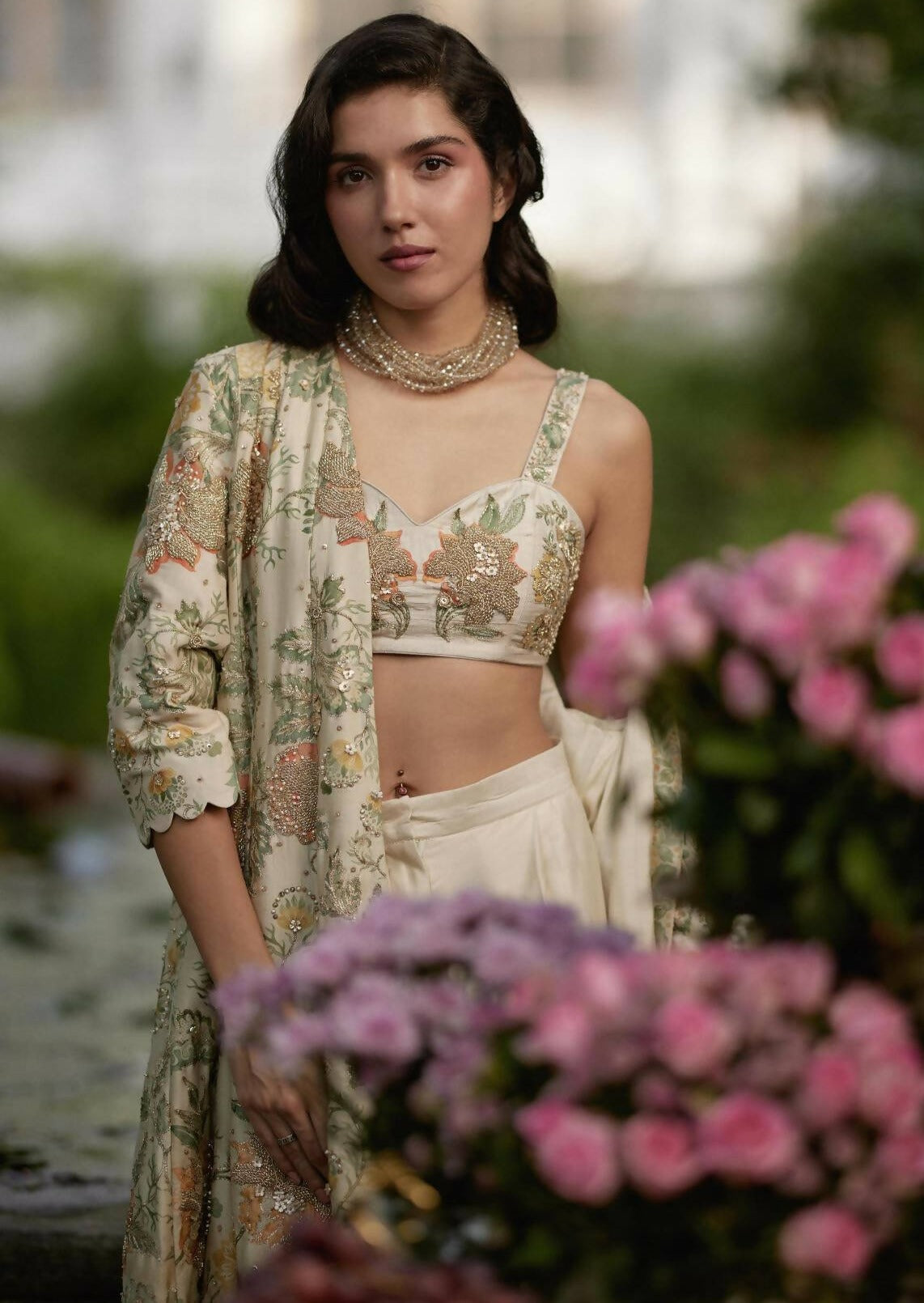Ivory Orange Floral Jacket Set
