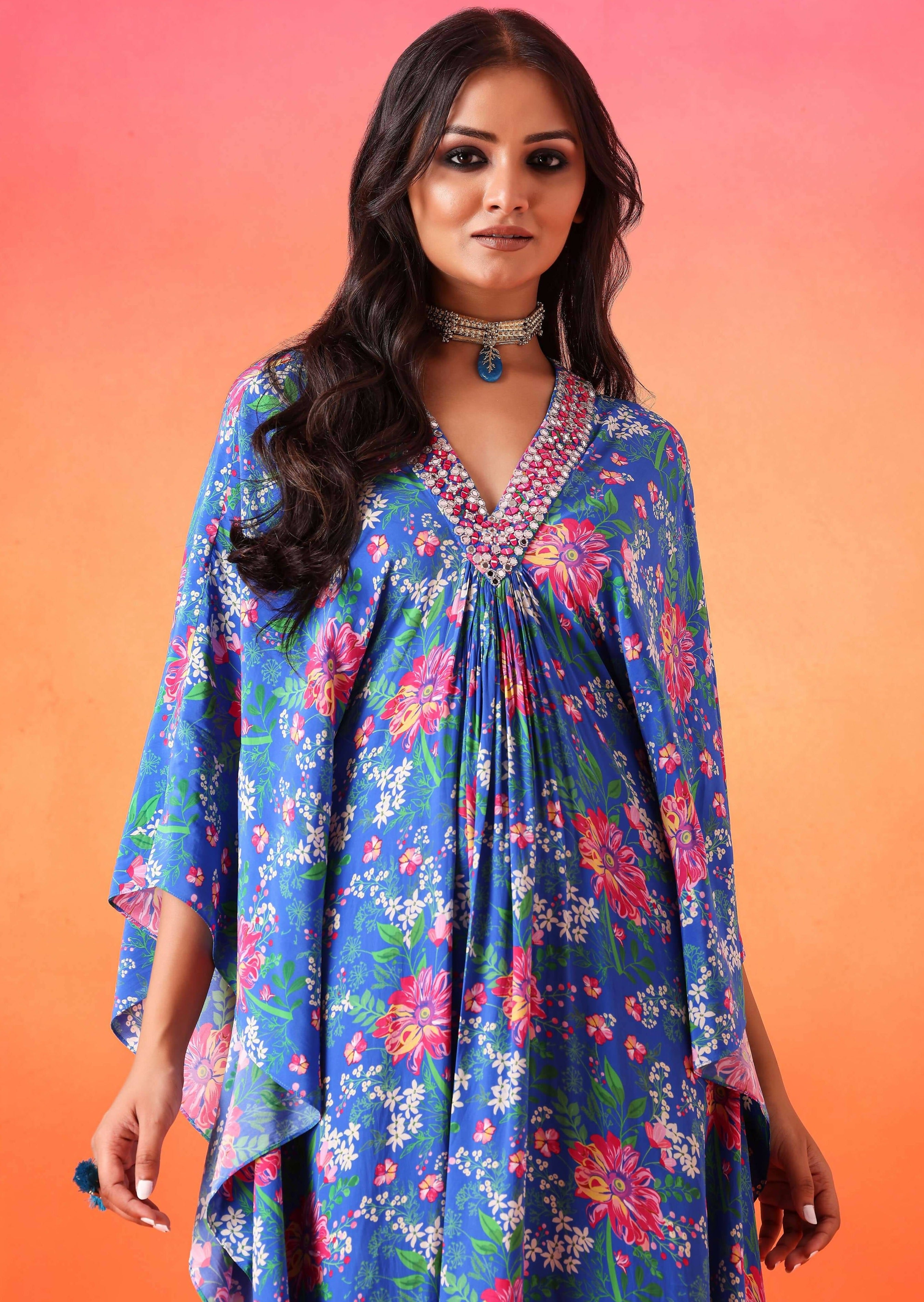 Electric Blue Floral Printed Kaftan with Pants
