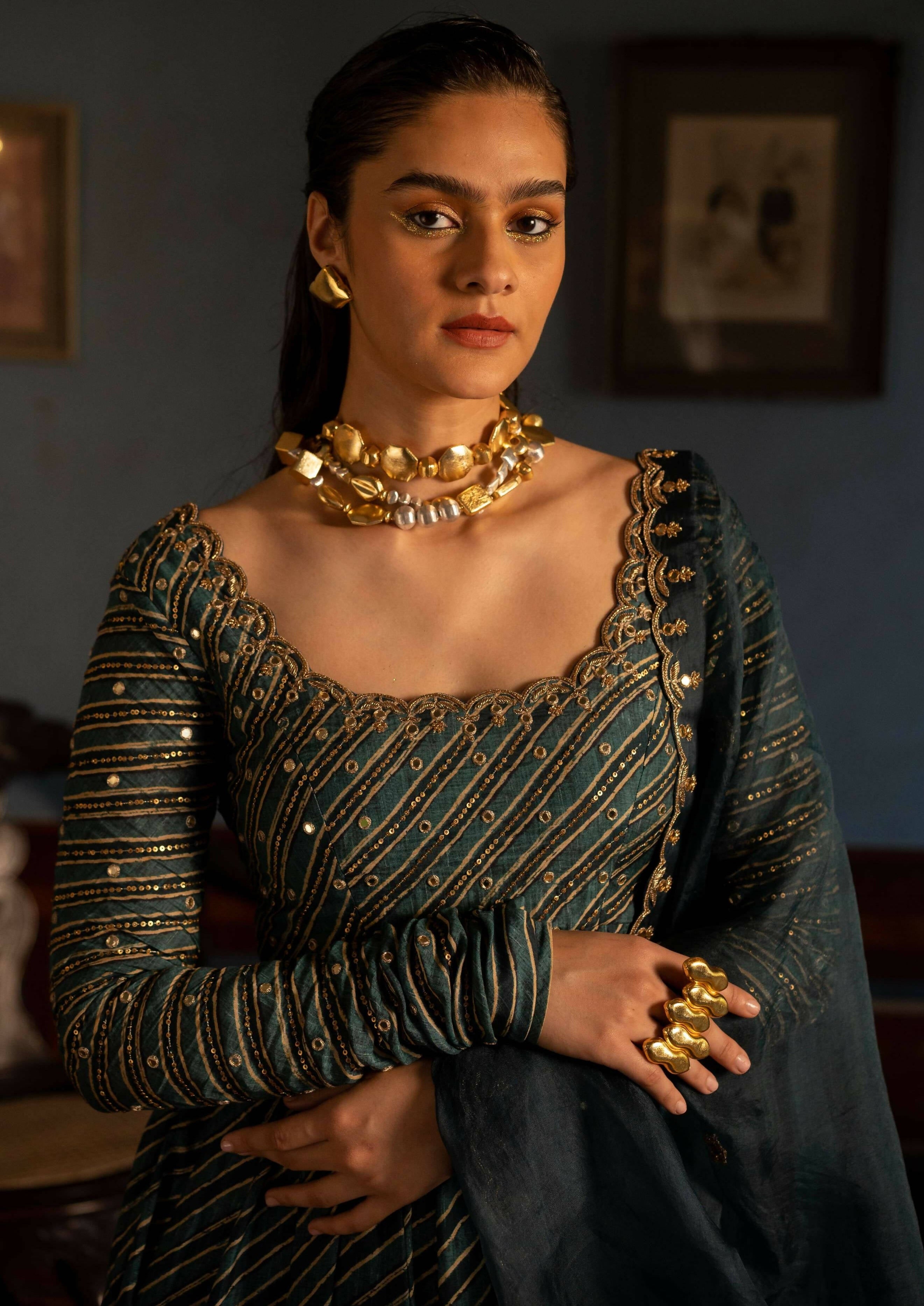 Teal Blue Lehriya Printed Anarkali Set