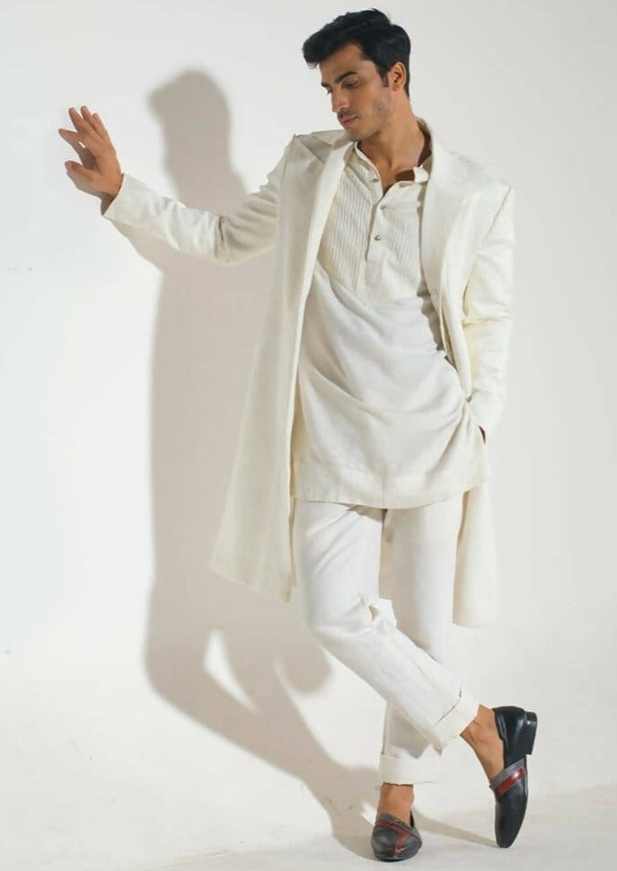 Ivory Textured Overcoat Set