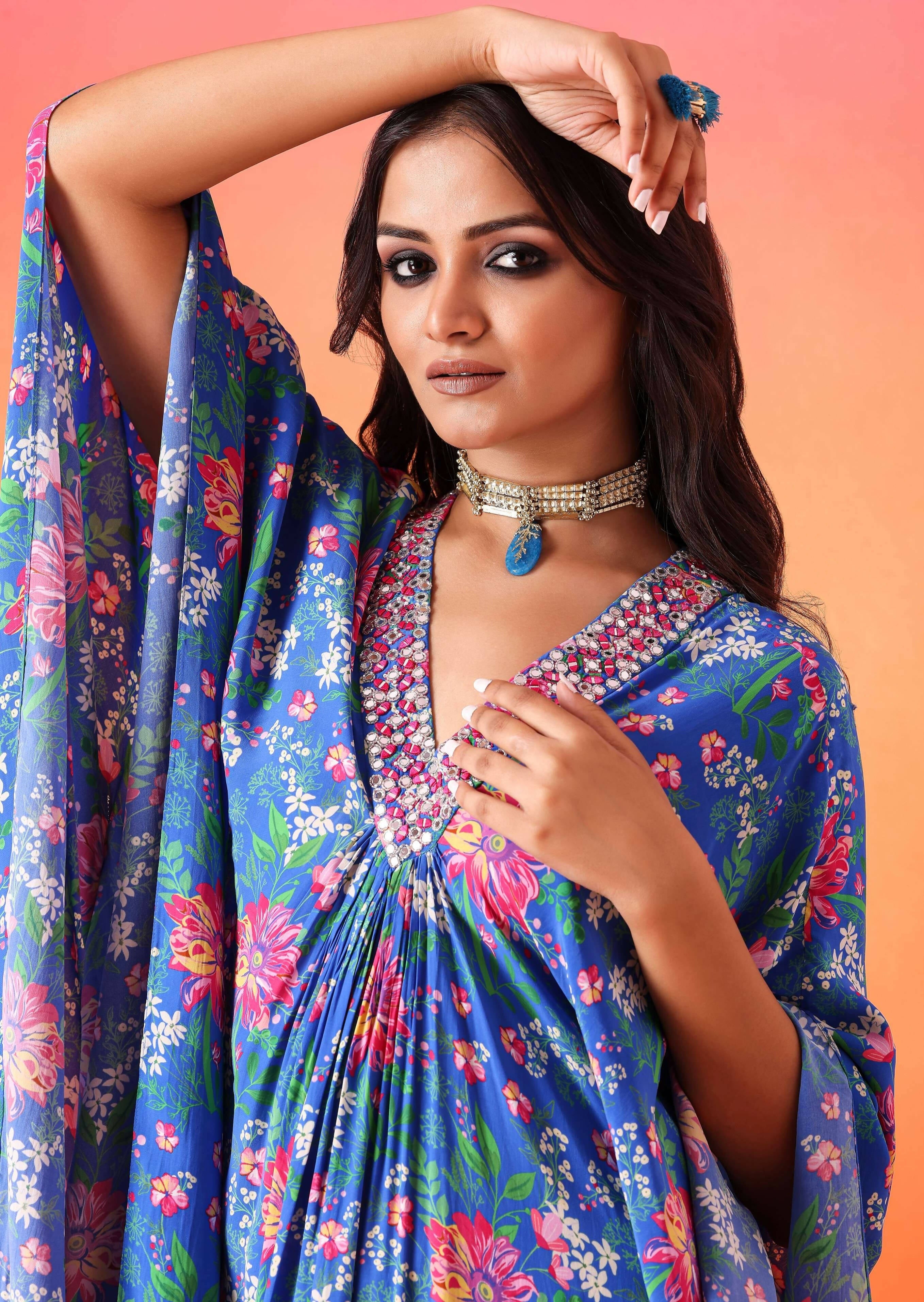Electric Blue Floral Printed Kaftan with Pants