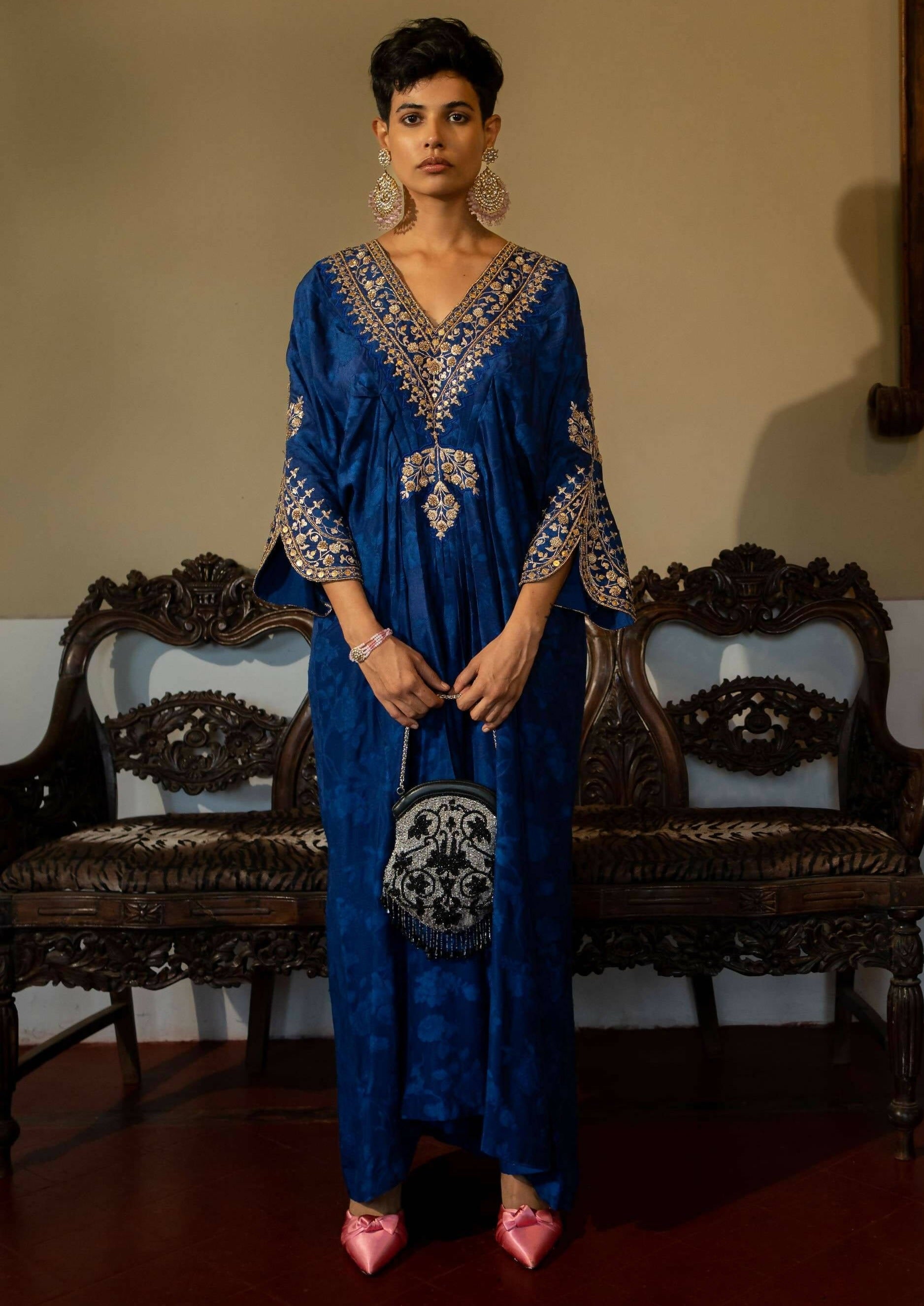 Royal Blue Self Woven Kaftan