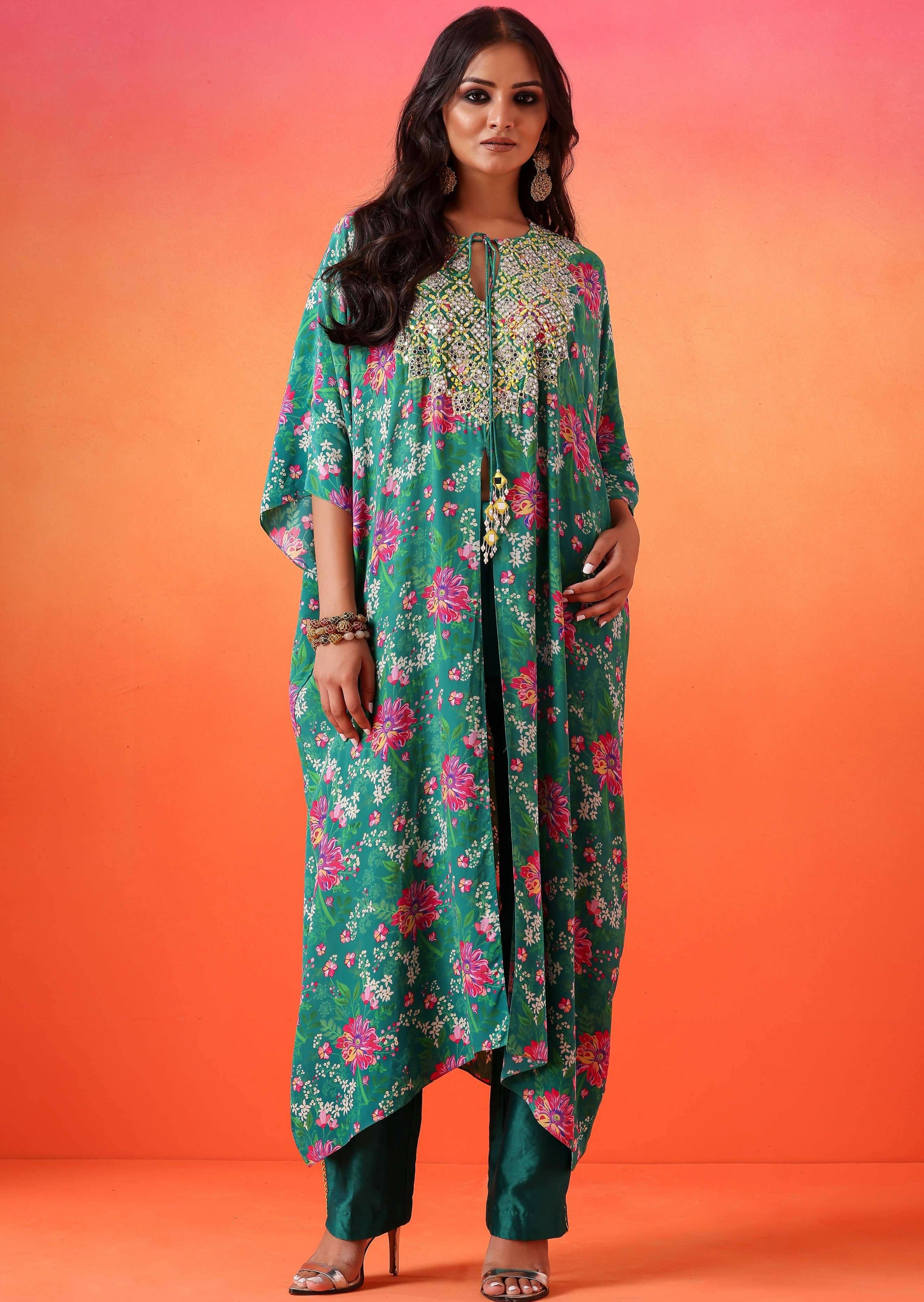 Emerald Green Floral Printed Kaftan with Pants