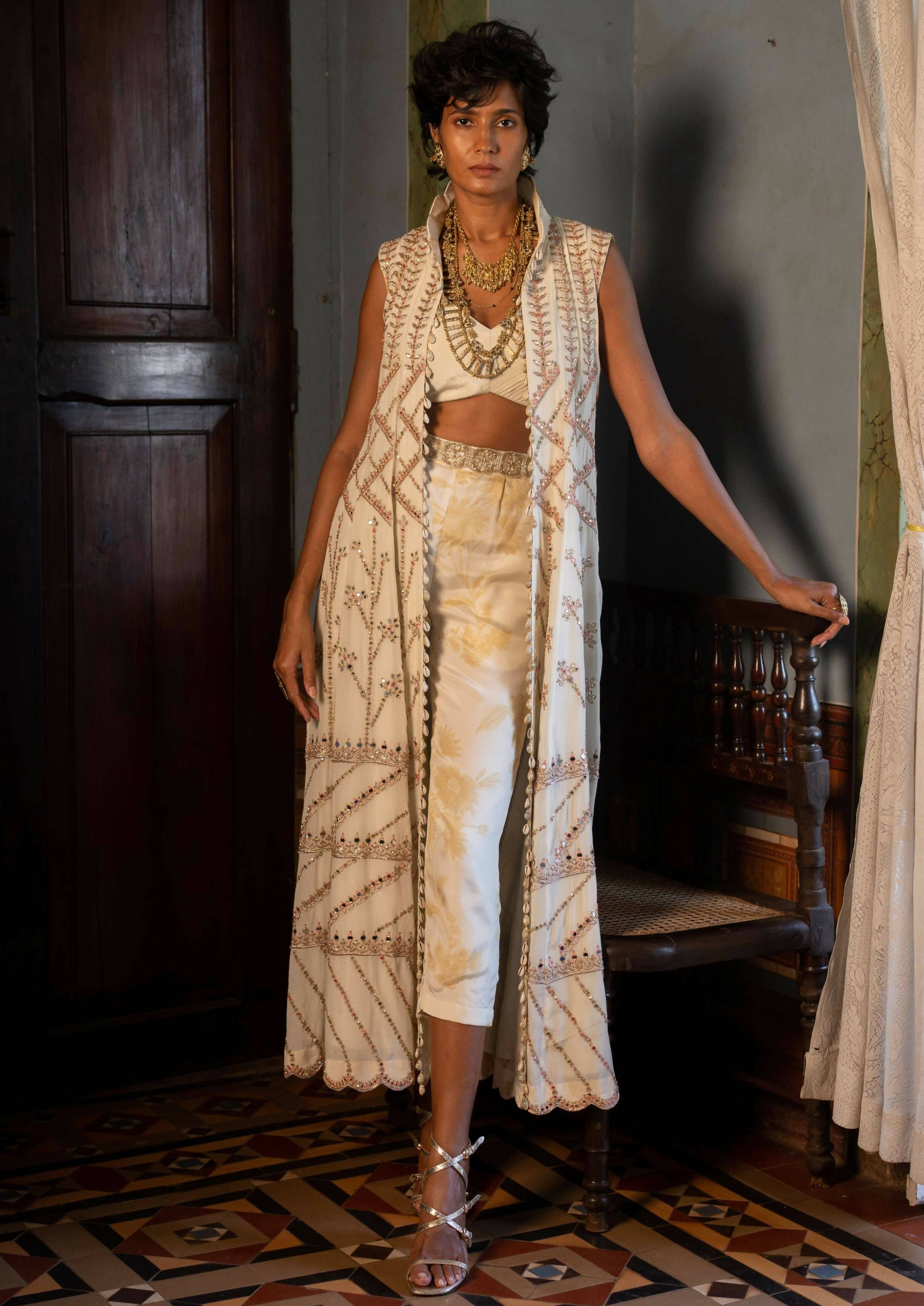 Ivory Floral Long Jacket Set