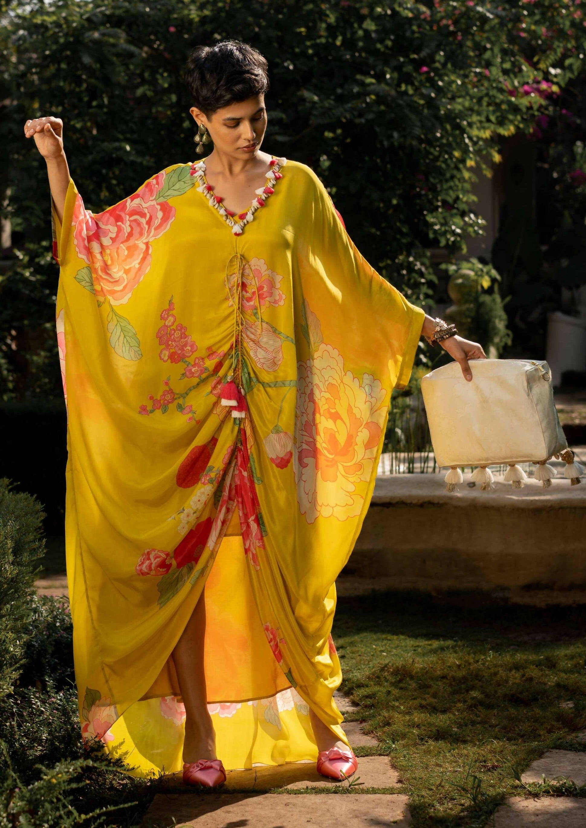 Yellow Floral Kaftan Set