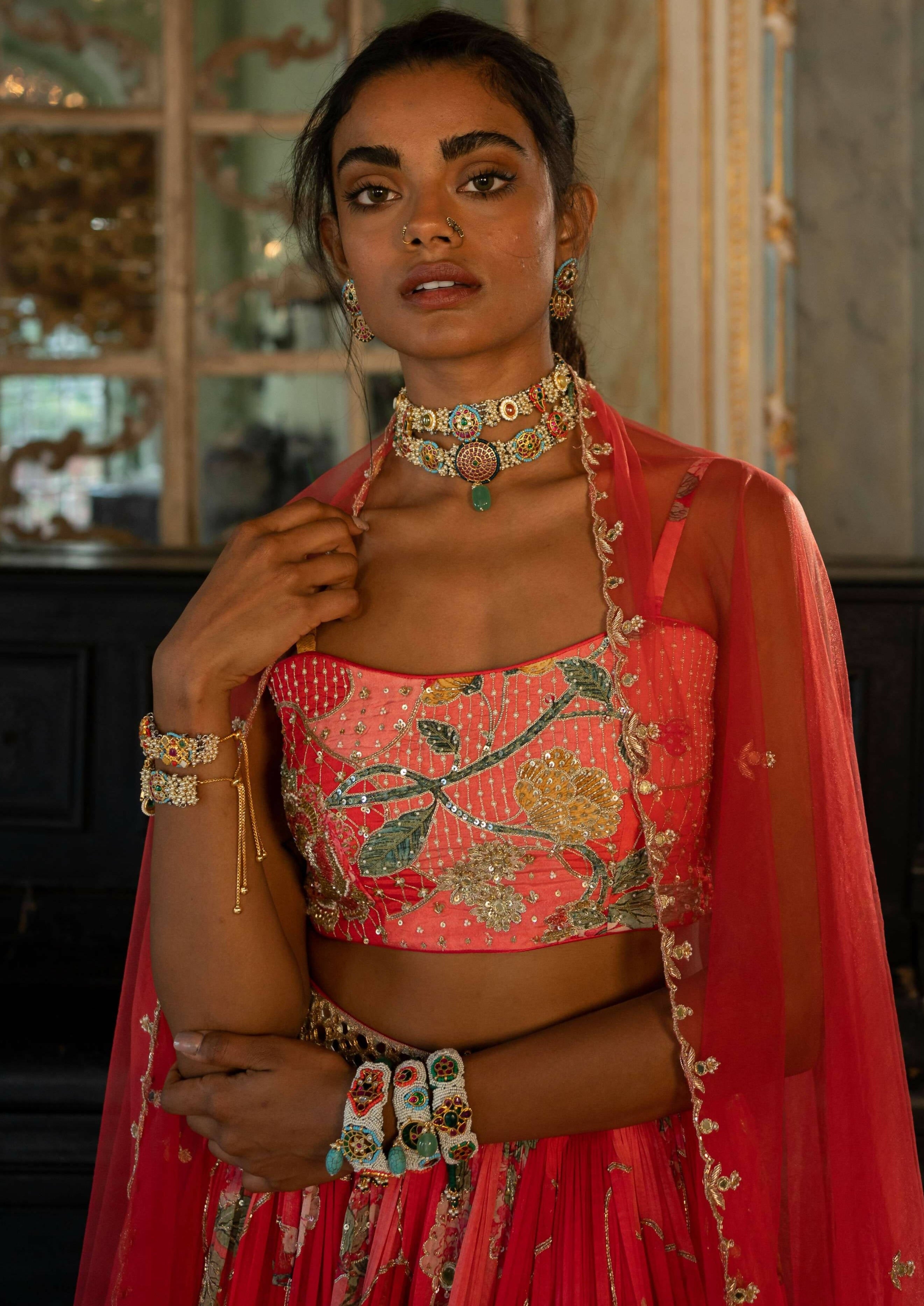 Red Nakhsa Printed Lehenga Set