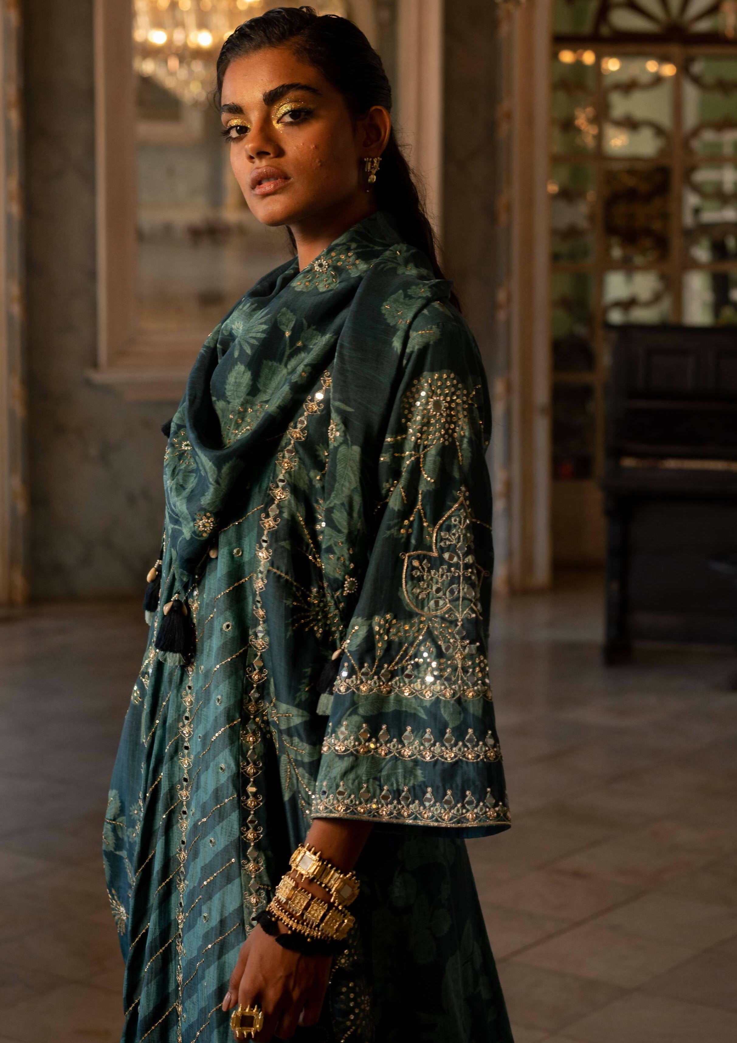 Teal Blue Floral and Stripe Kurta Set