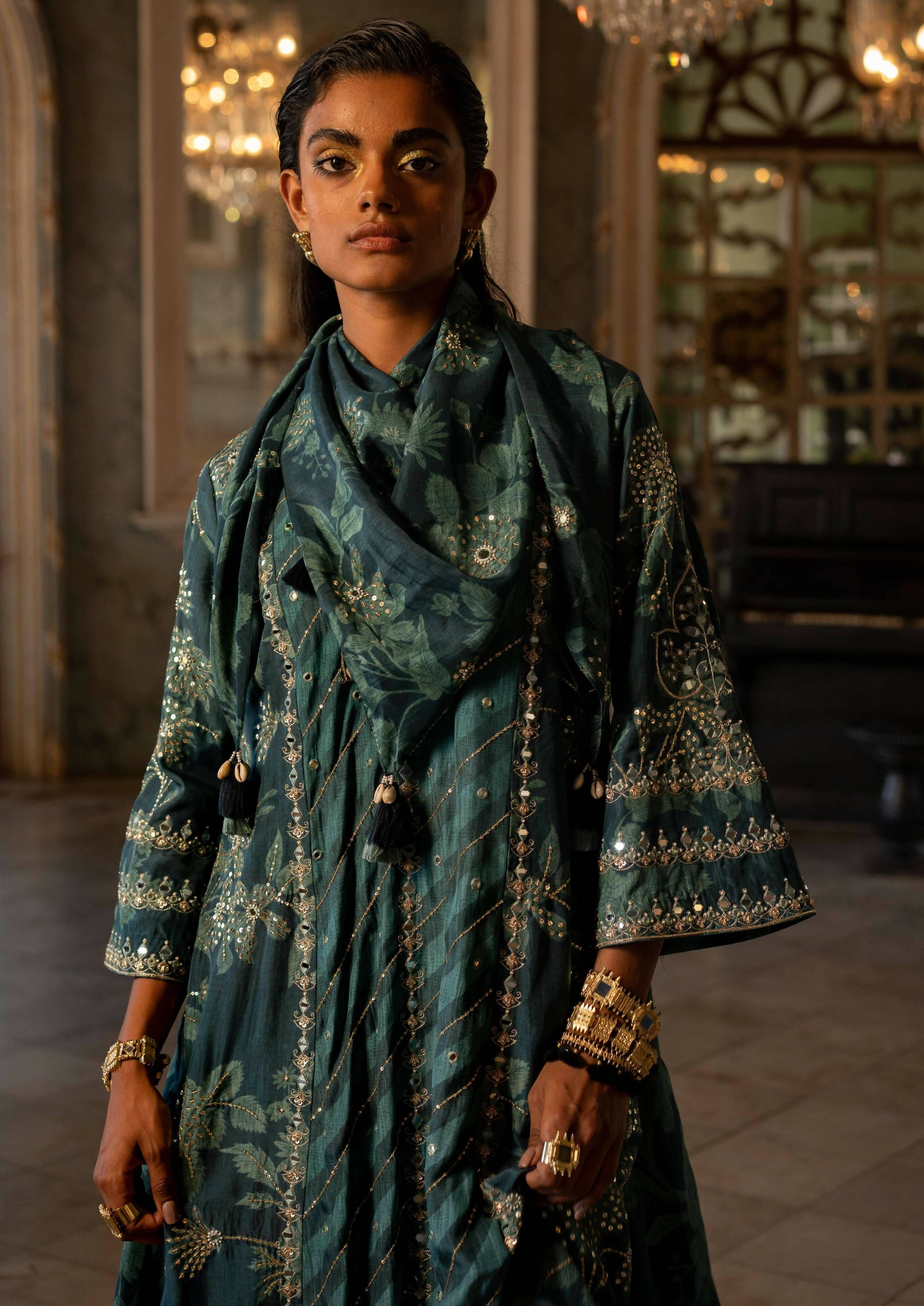 Teal Blue Floral and Stripe Kurta Set