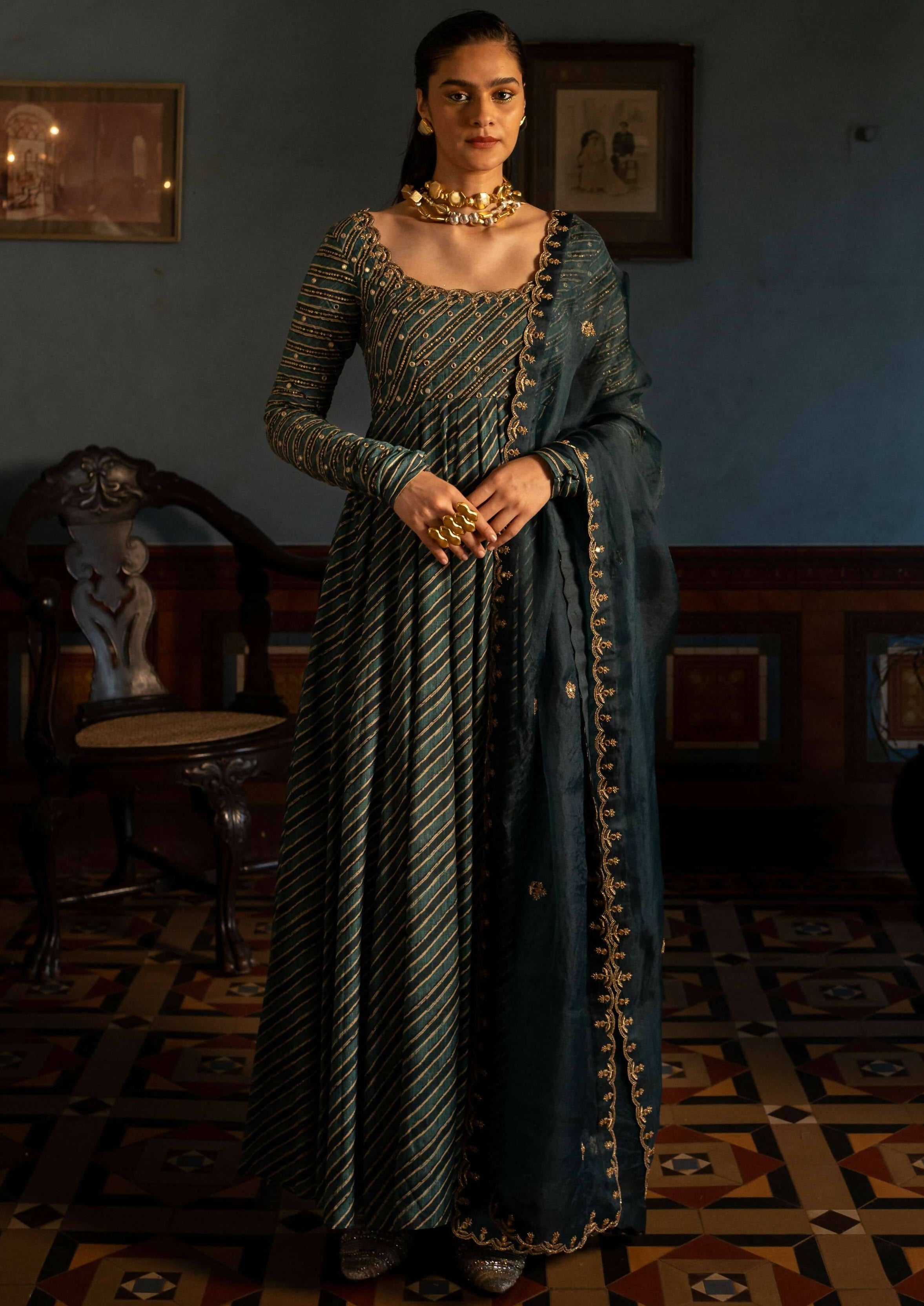 Teal Blue Lehriya Printed Anarkali Set