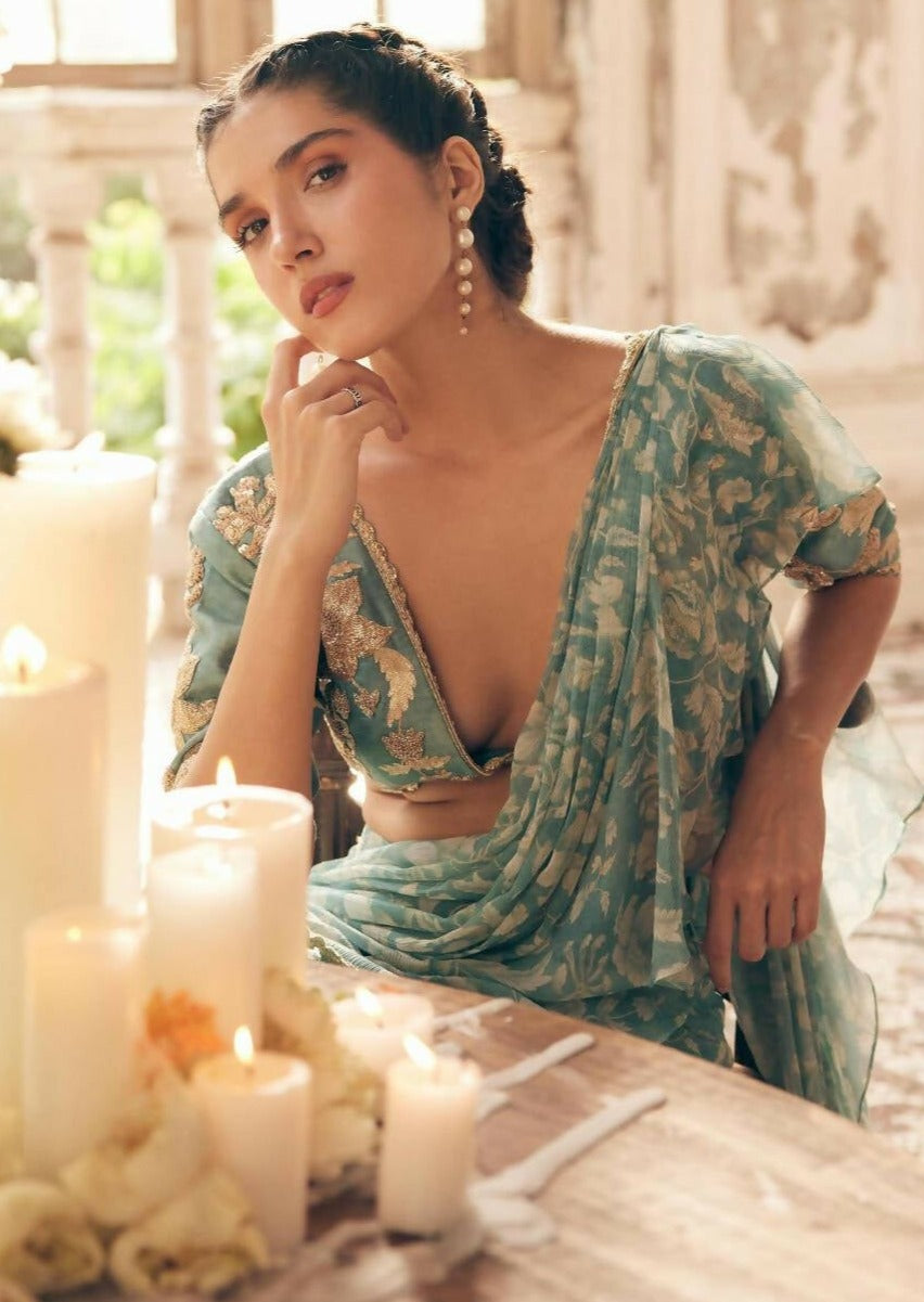 Ice Blue Vintage Floral Chiffon Sari Set