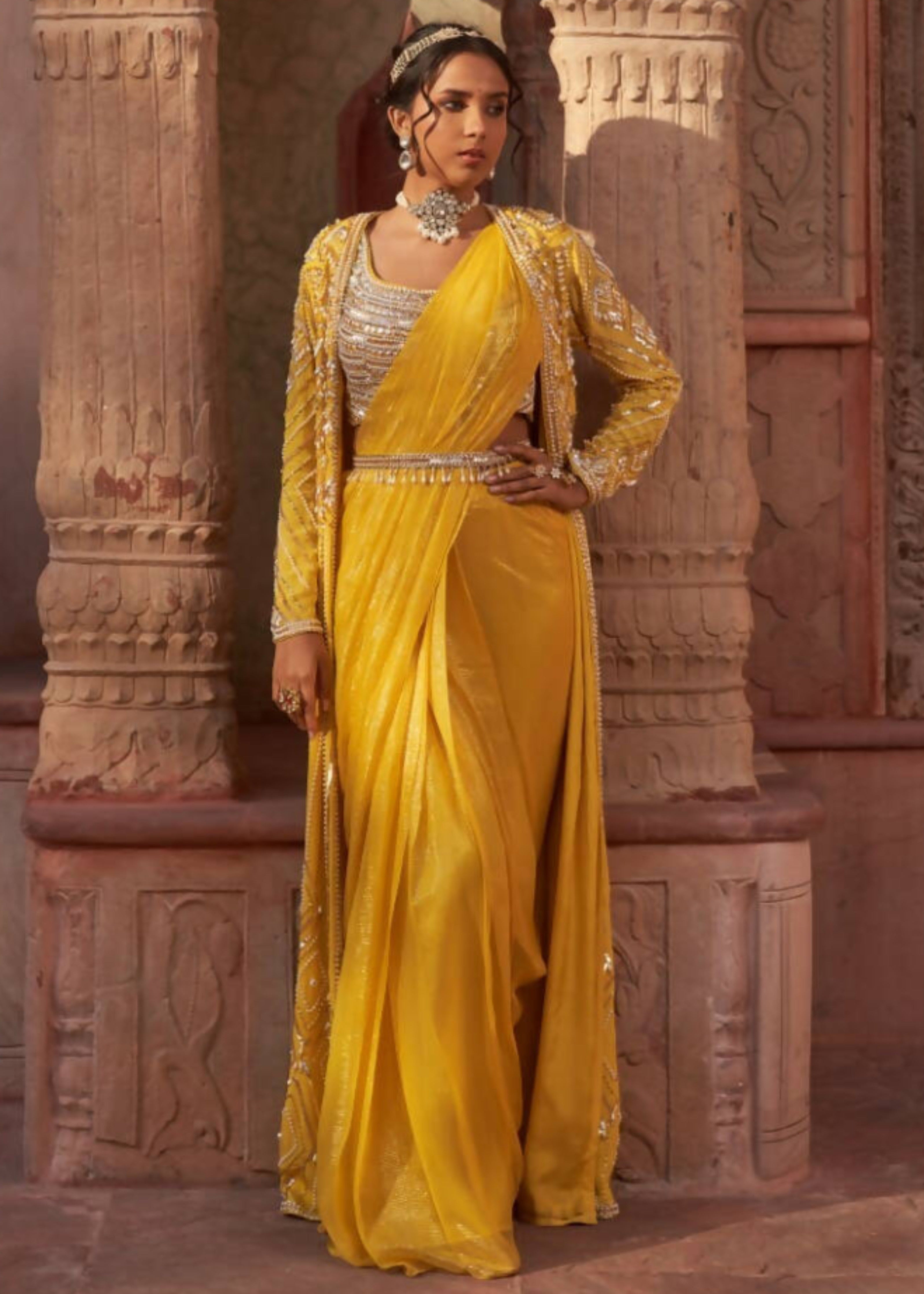 Yellow Subh Bela Cape Sari Set