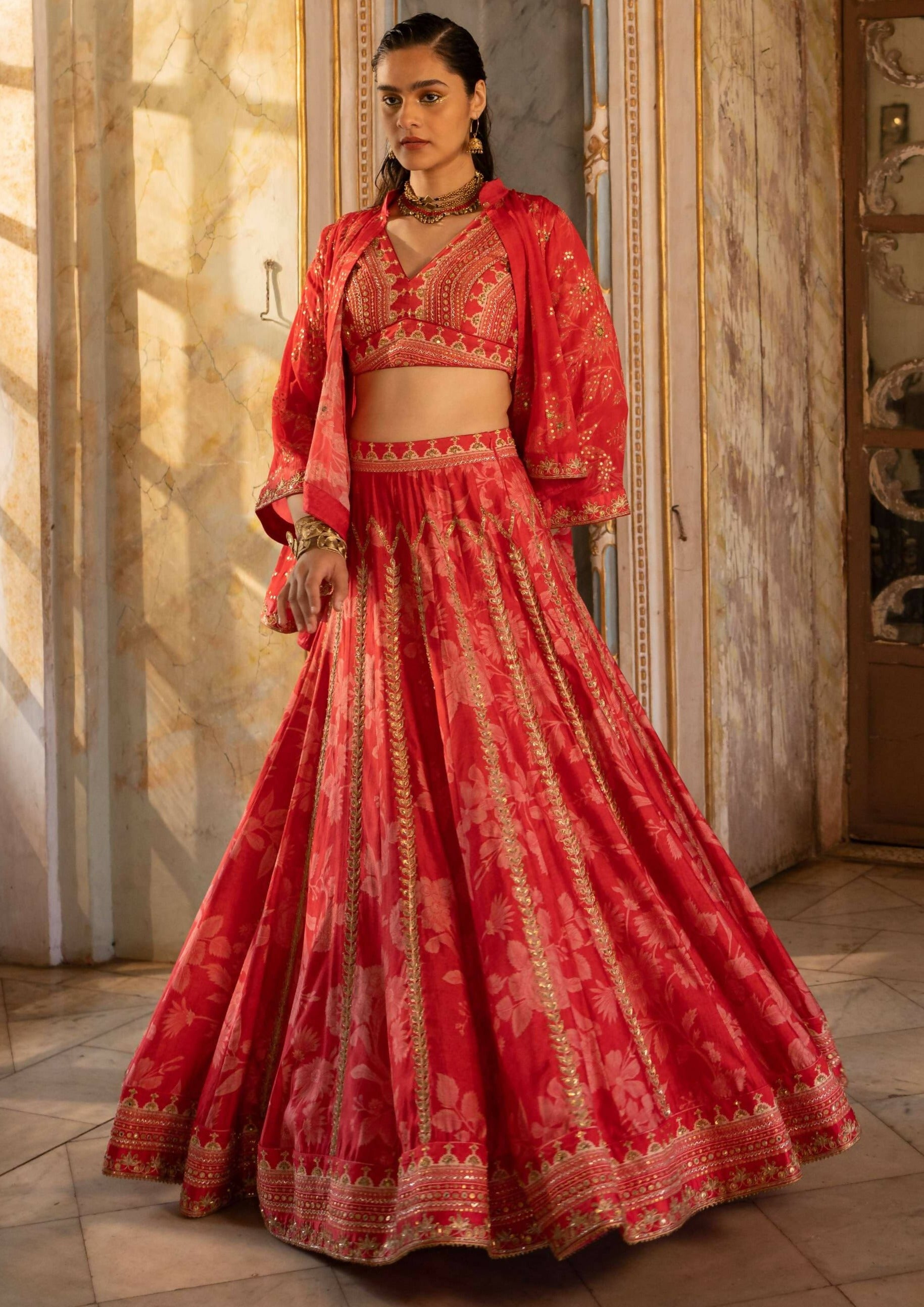 Red Mono Floral Lehenga Set