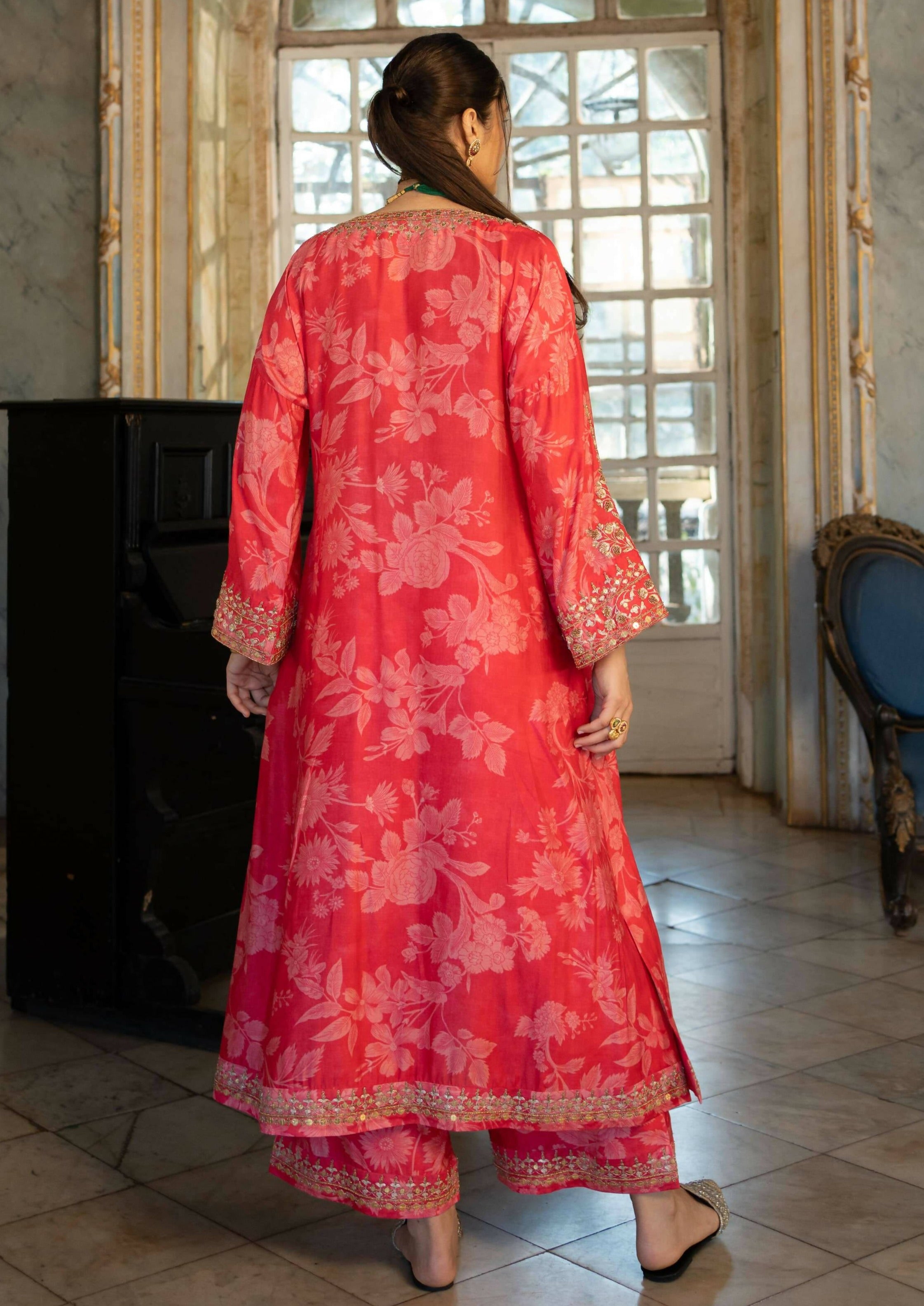 Red Mono Floral Kurta Set