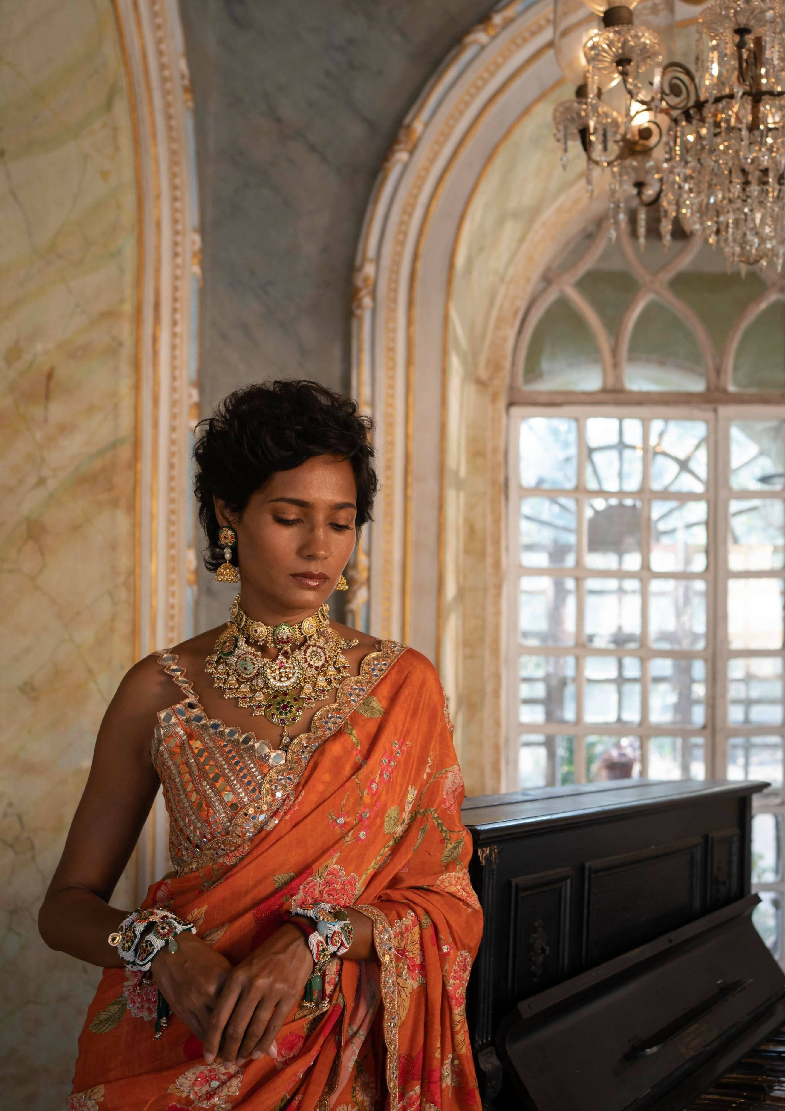 Burnt Orange Floral Sari Set