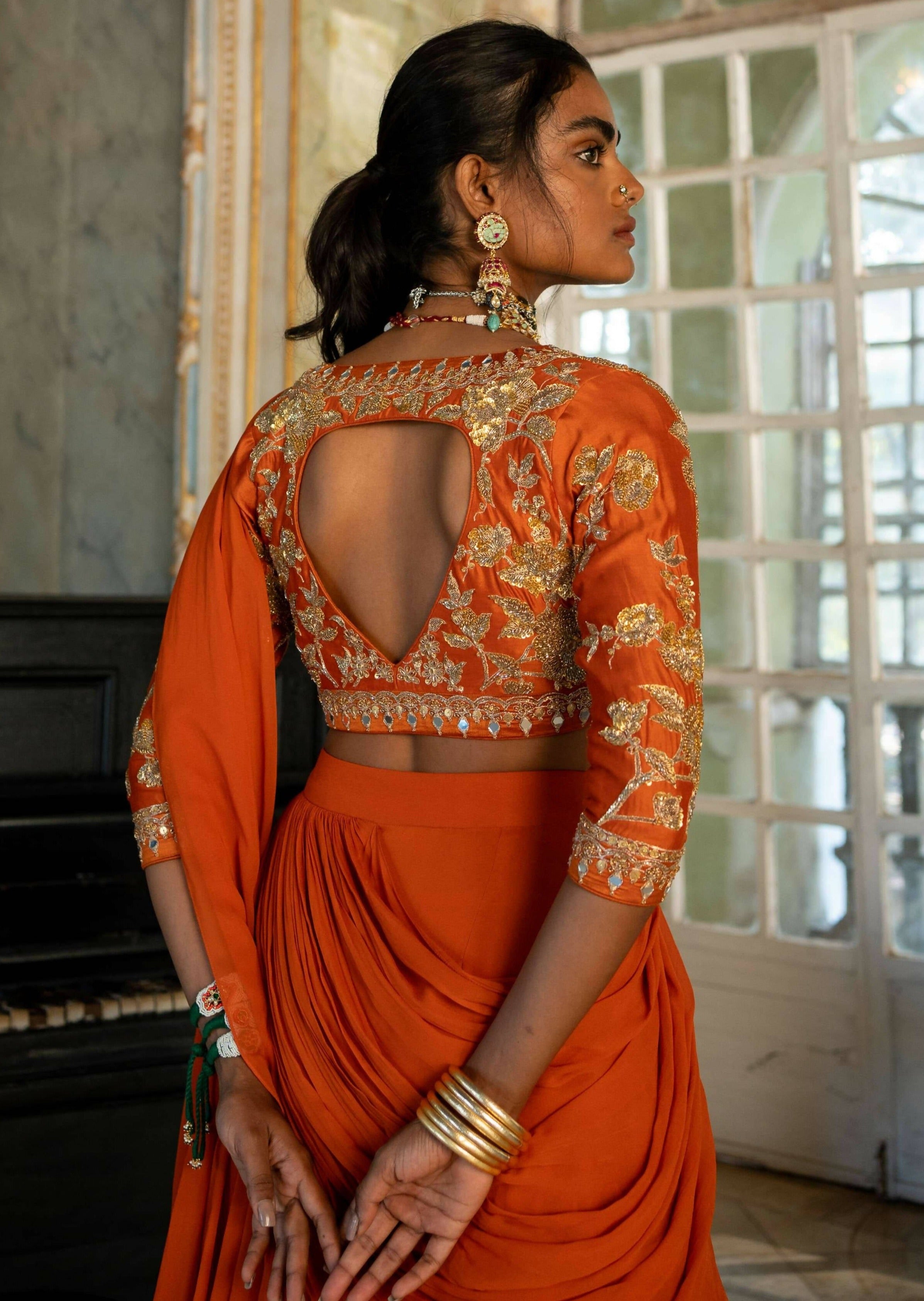 Burnt Orange Three-Layered Sari Set