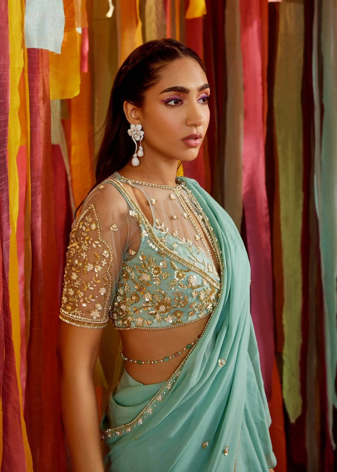 Mint Green Tiered Ruffle Sari