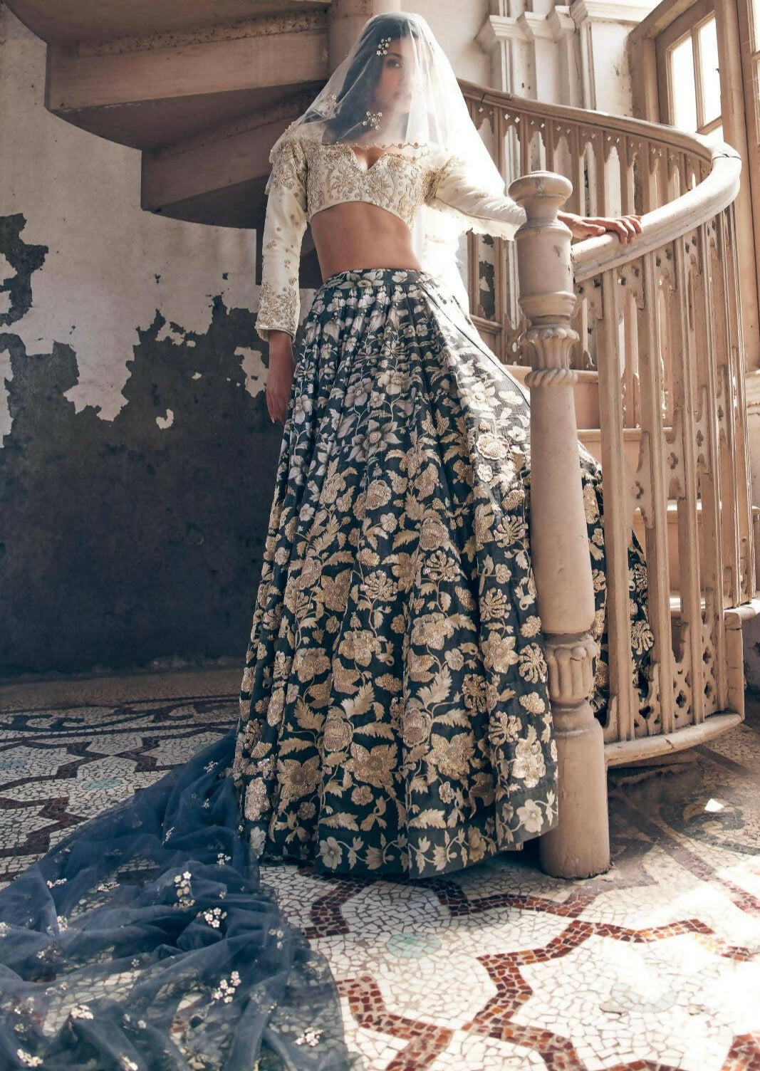Black Vintage Floral Lehenga Set