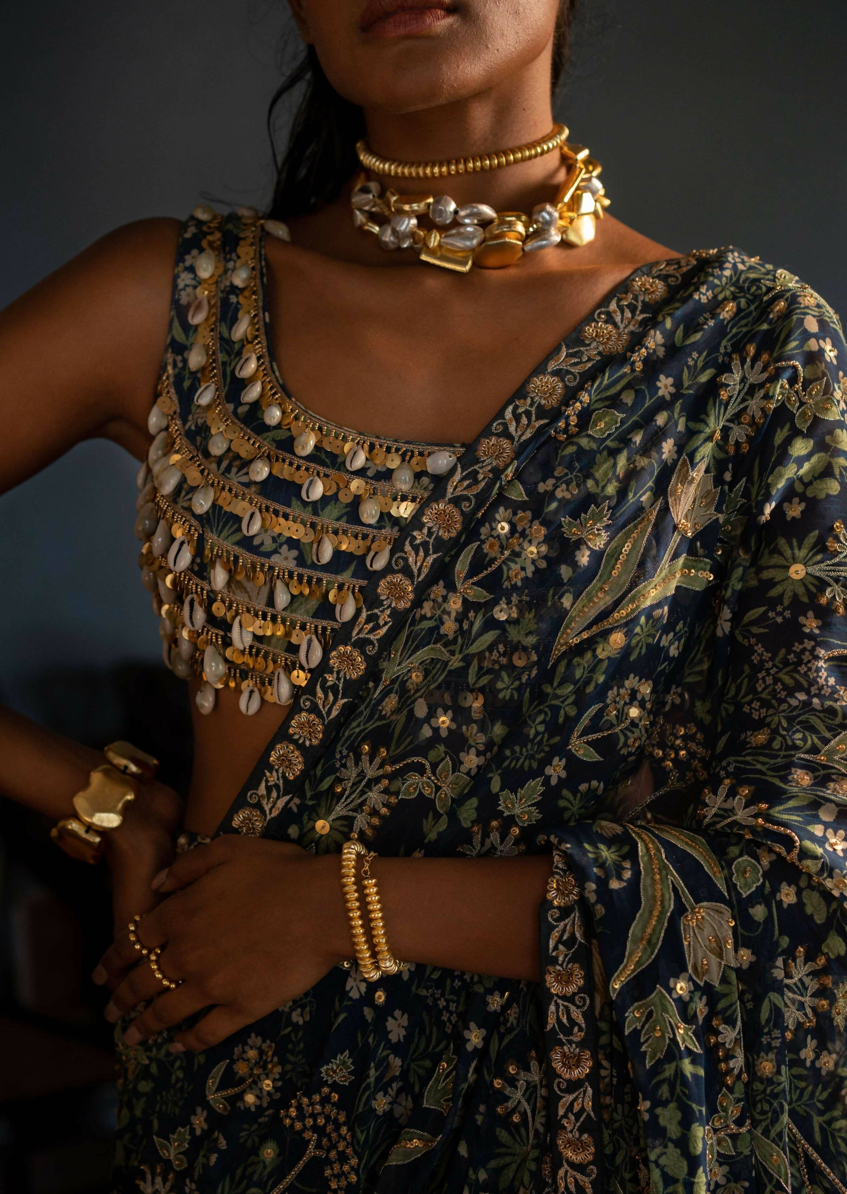 Tropical Print Shell Blouse Sari Set