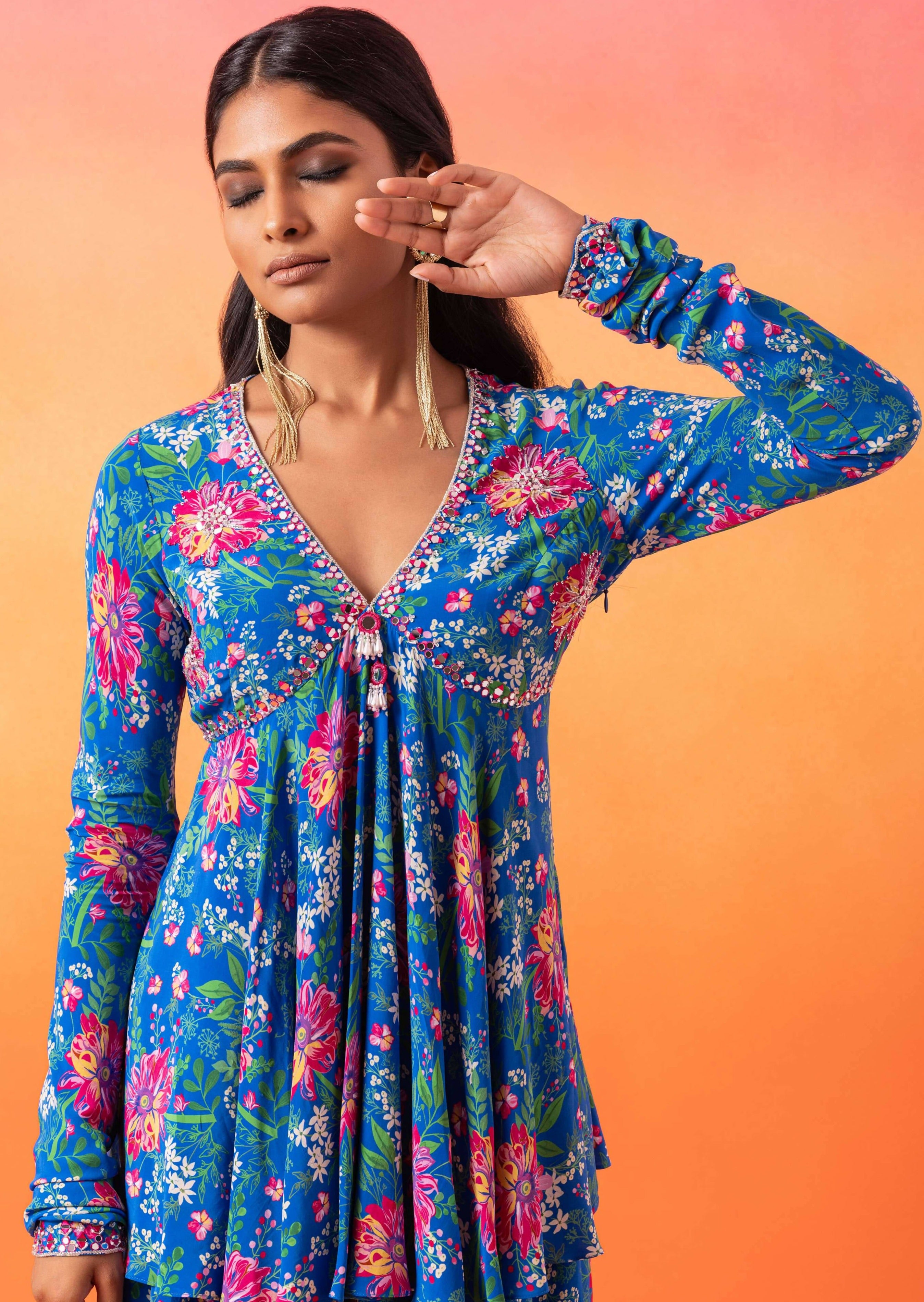 Electric Blue Floral Peplum Sharara Set