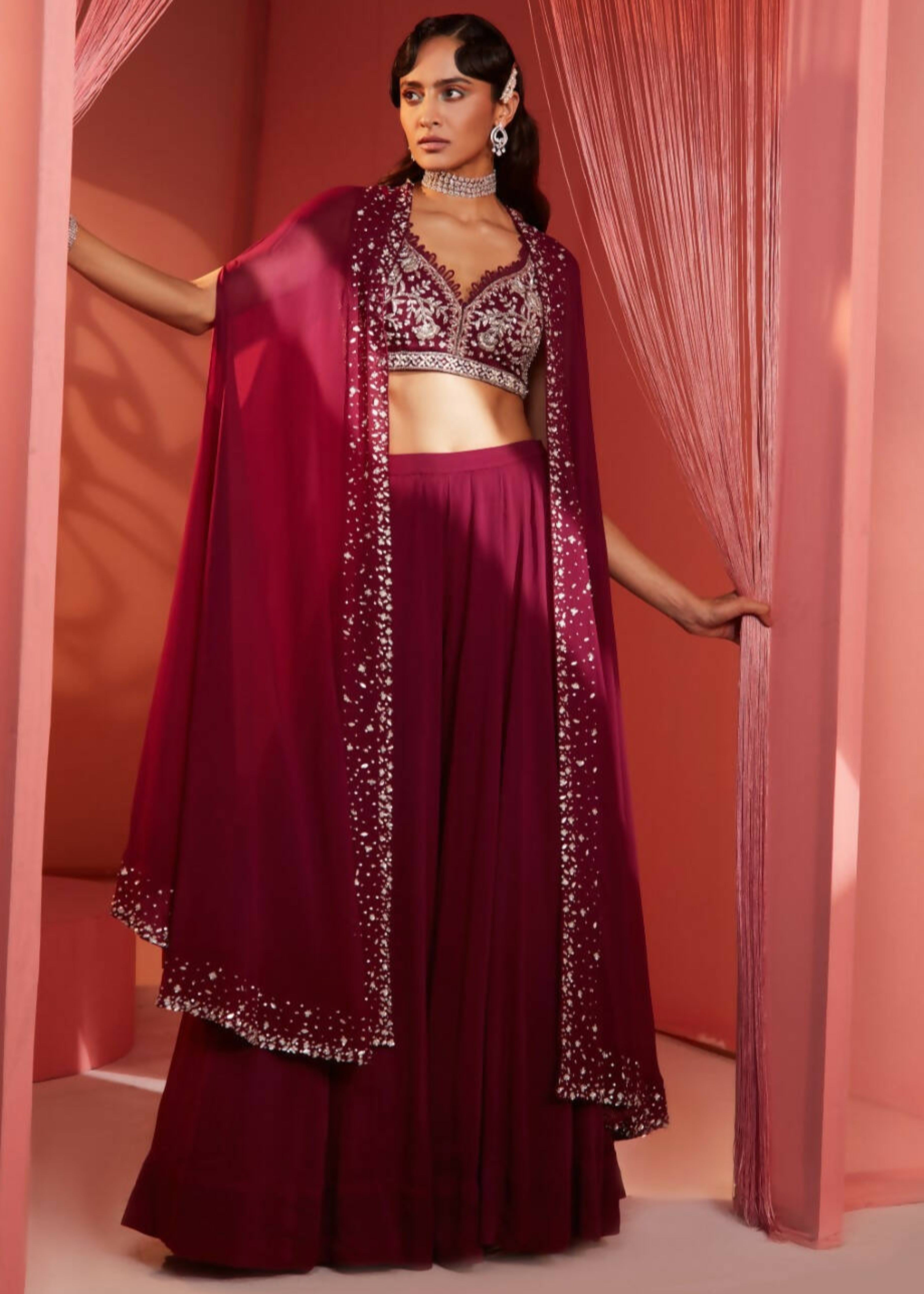 Plum Cape Blouse and Palazzo Set