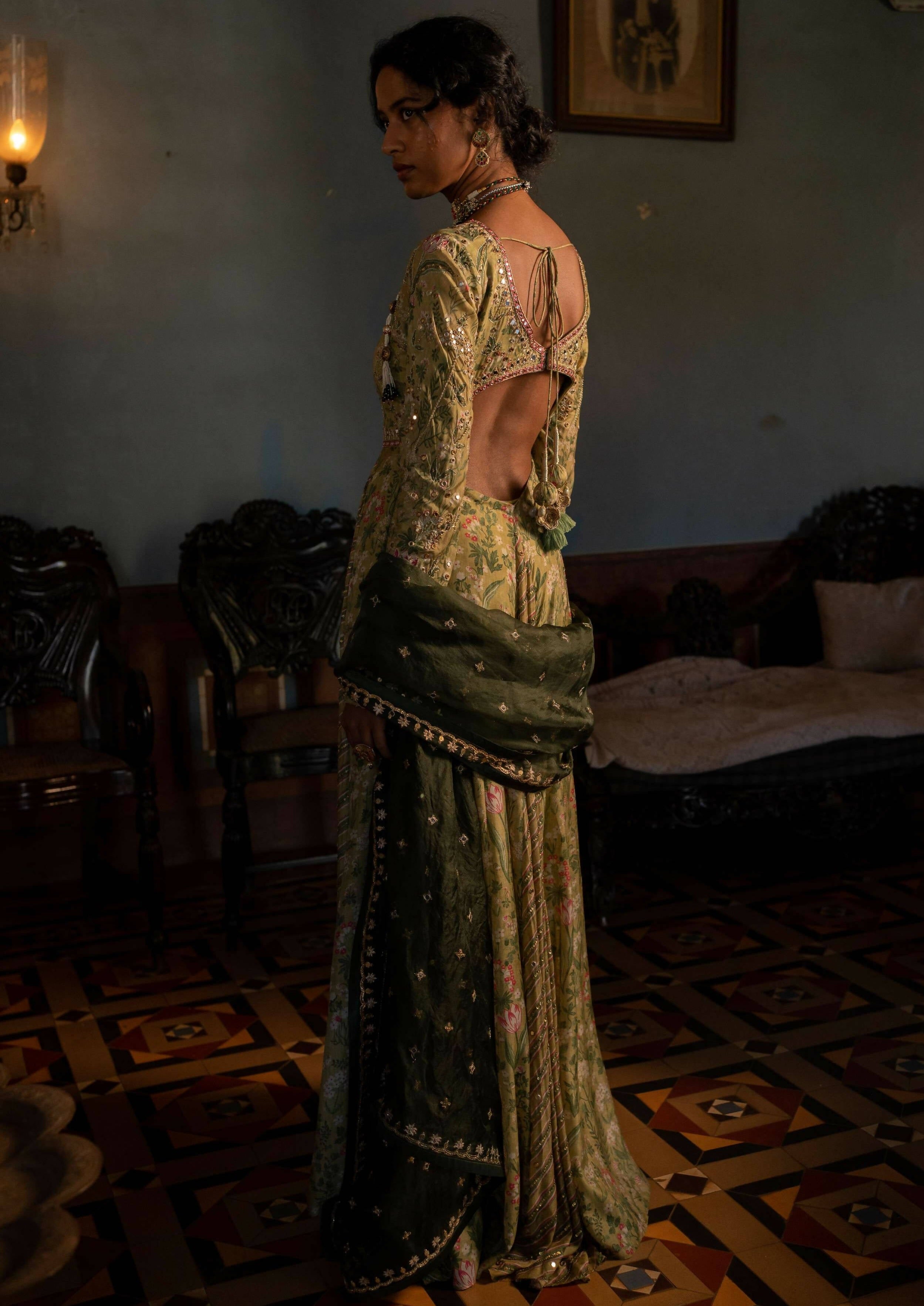 Sage Green Tropical Backless Anarkali Set