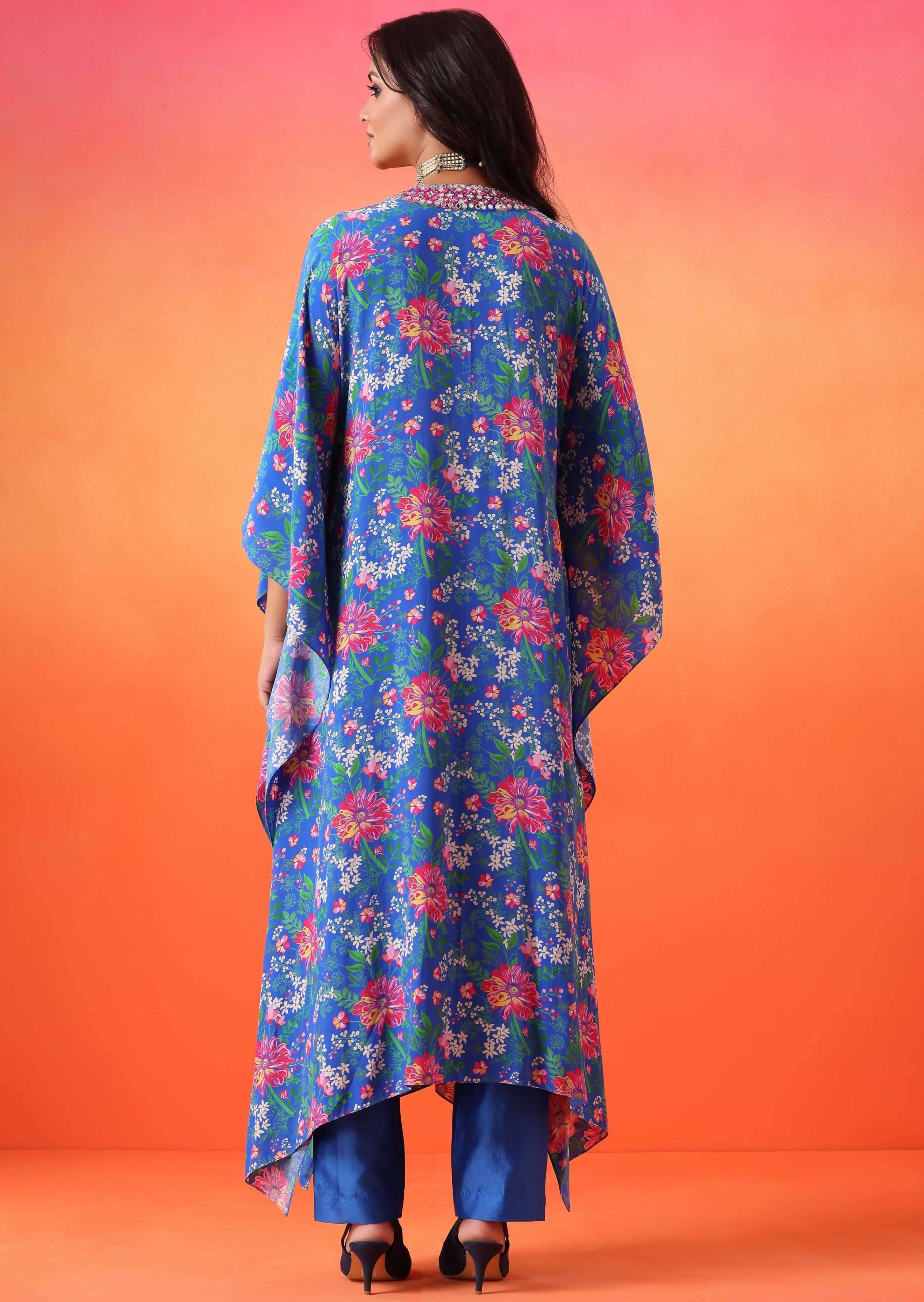 Electric Blue Floral Printed Kaftan with Pants