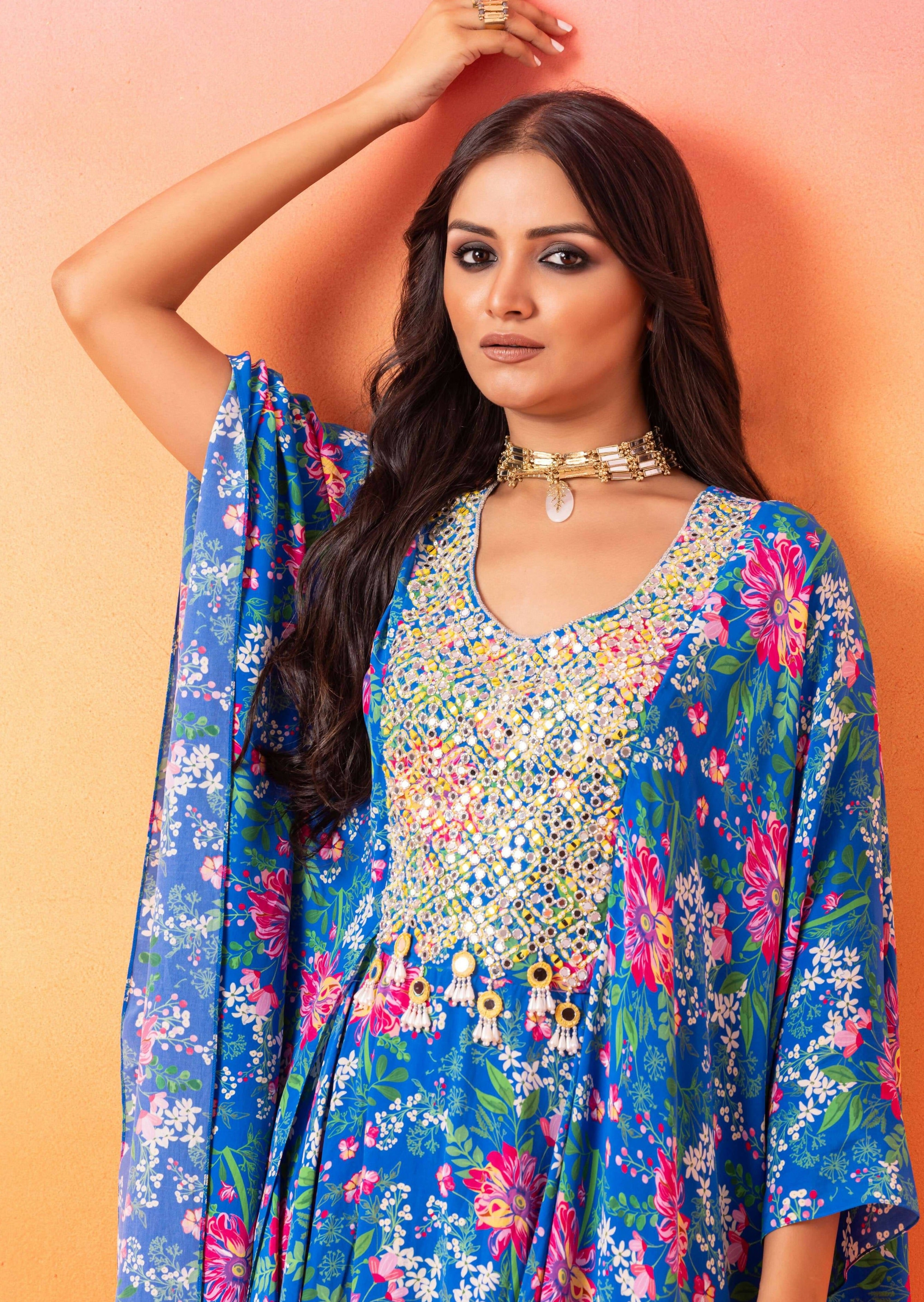 Electric Blue Floral Kaftan Top and Gharara