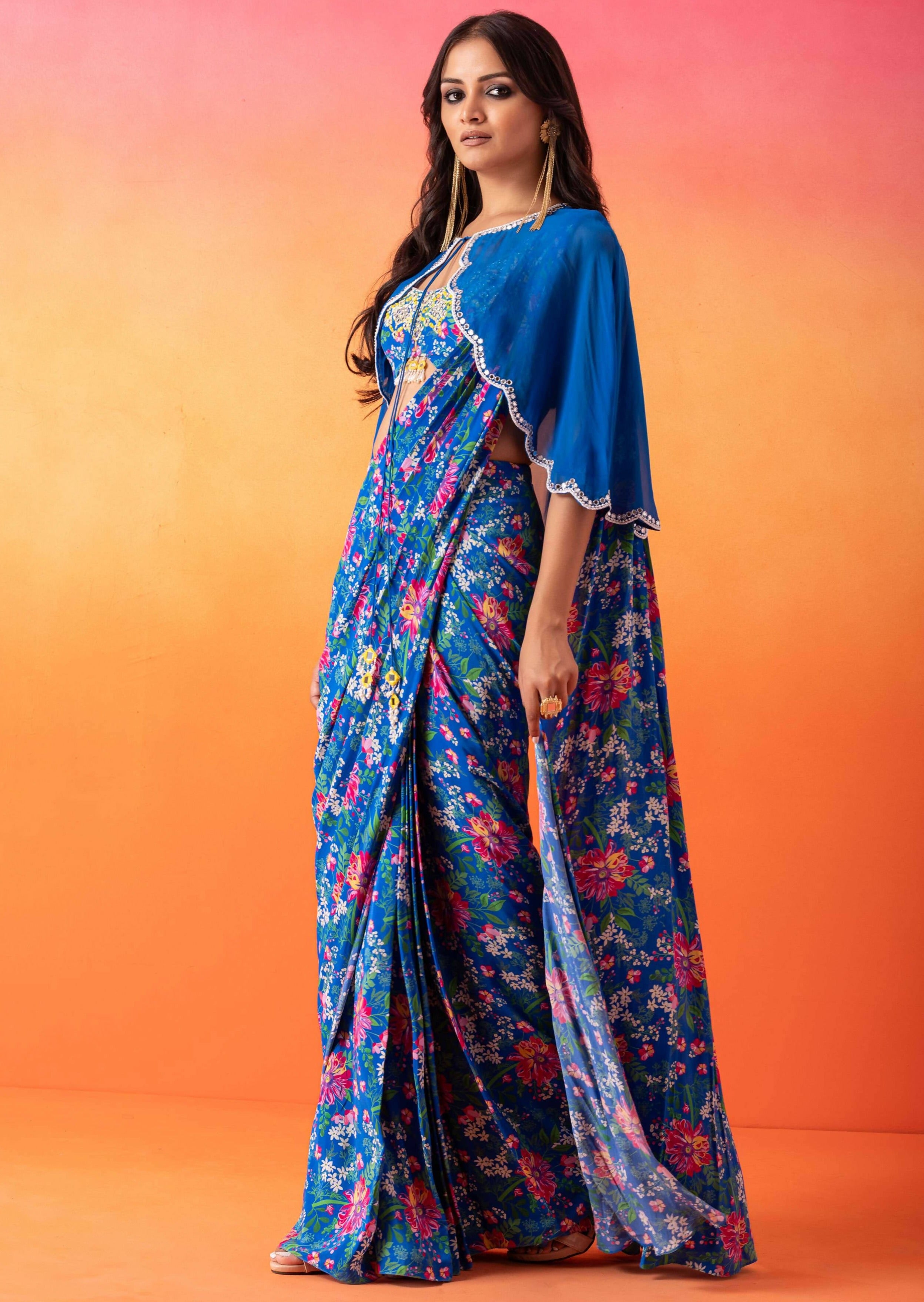 Electric Blue Floral Printed Sari Set