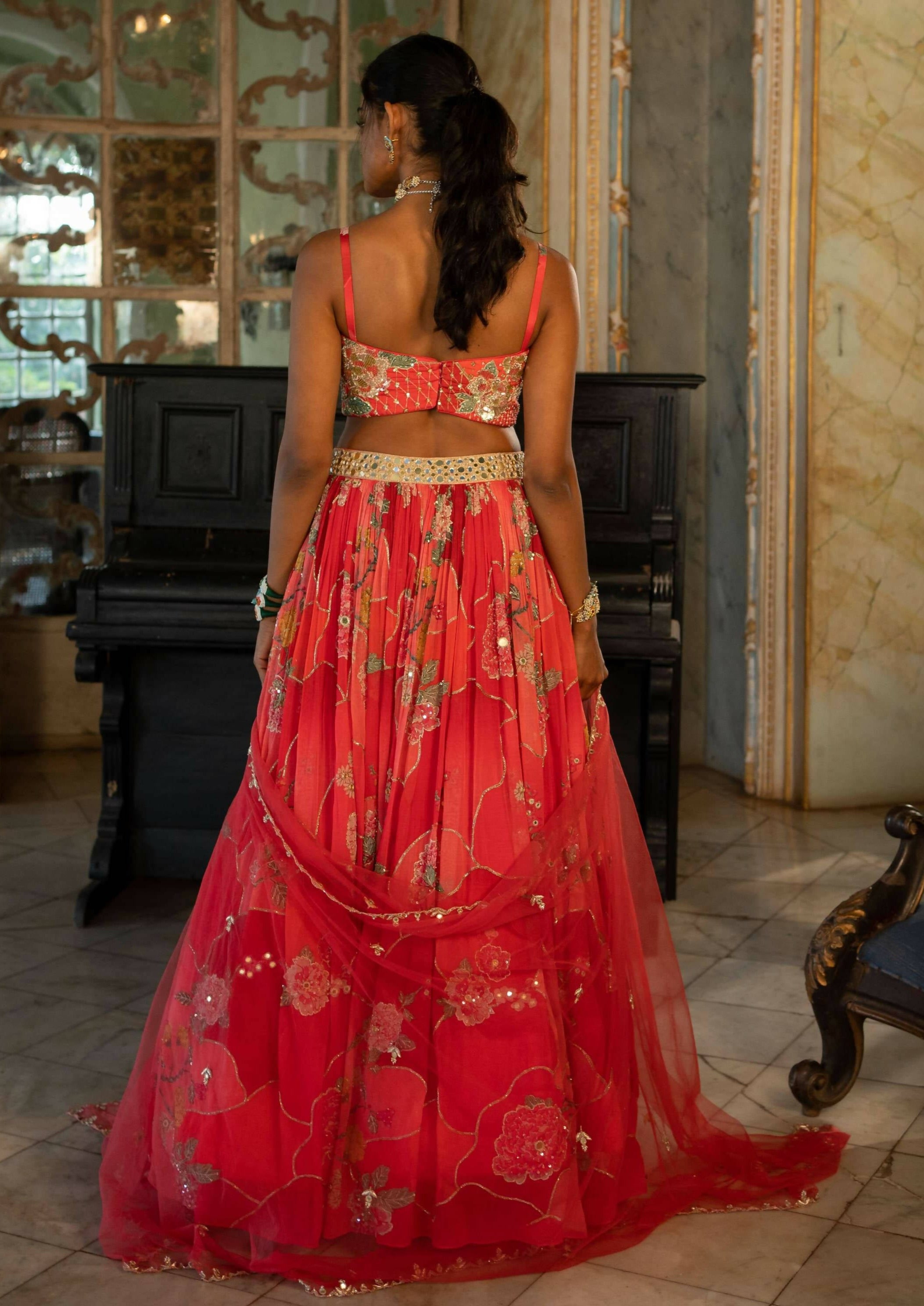 Red Nakhsa Printed Lehenga Set
