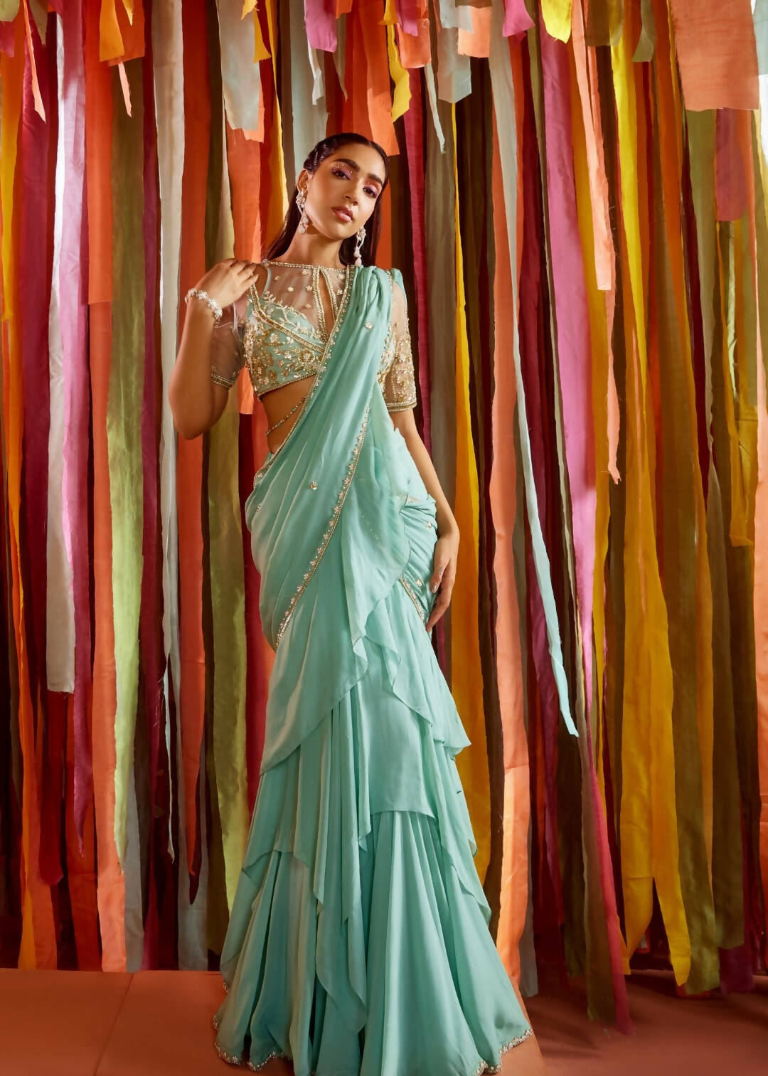 Mint Green Tiered Ruffle Sari