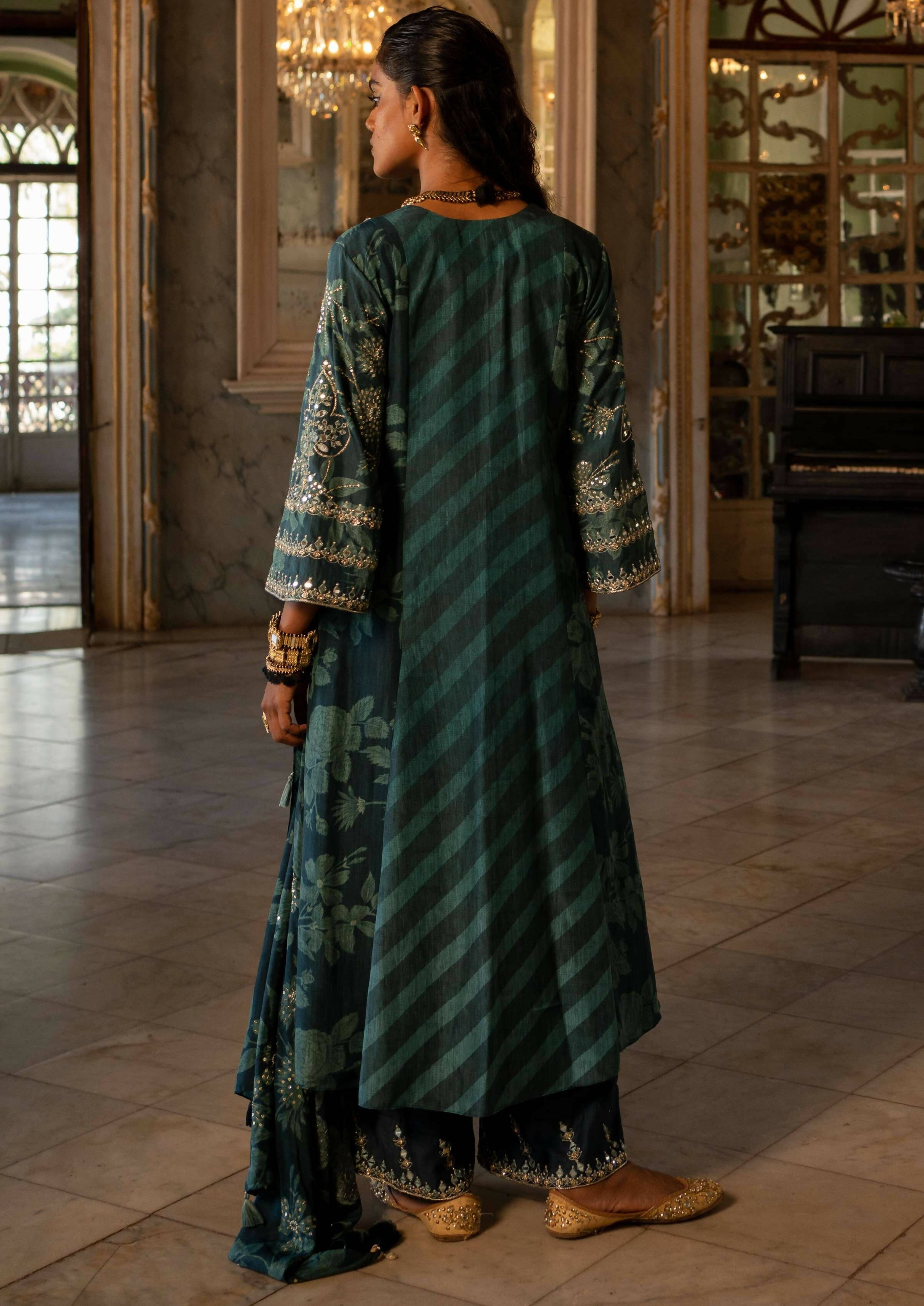 Teal Blue Floral and Stripe Kurta Set