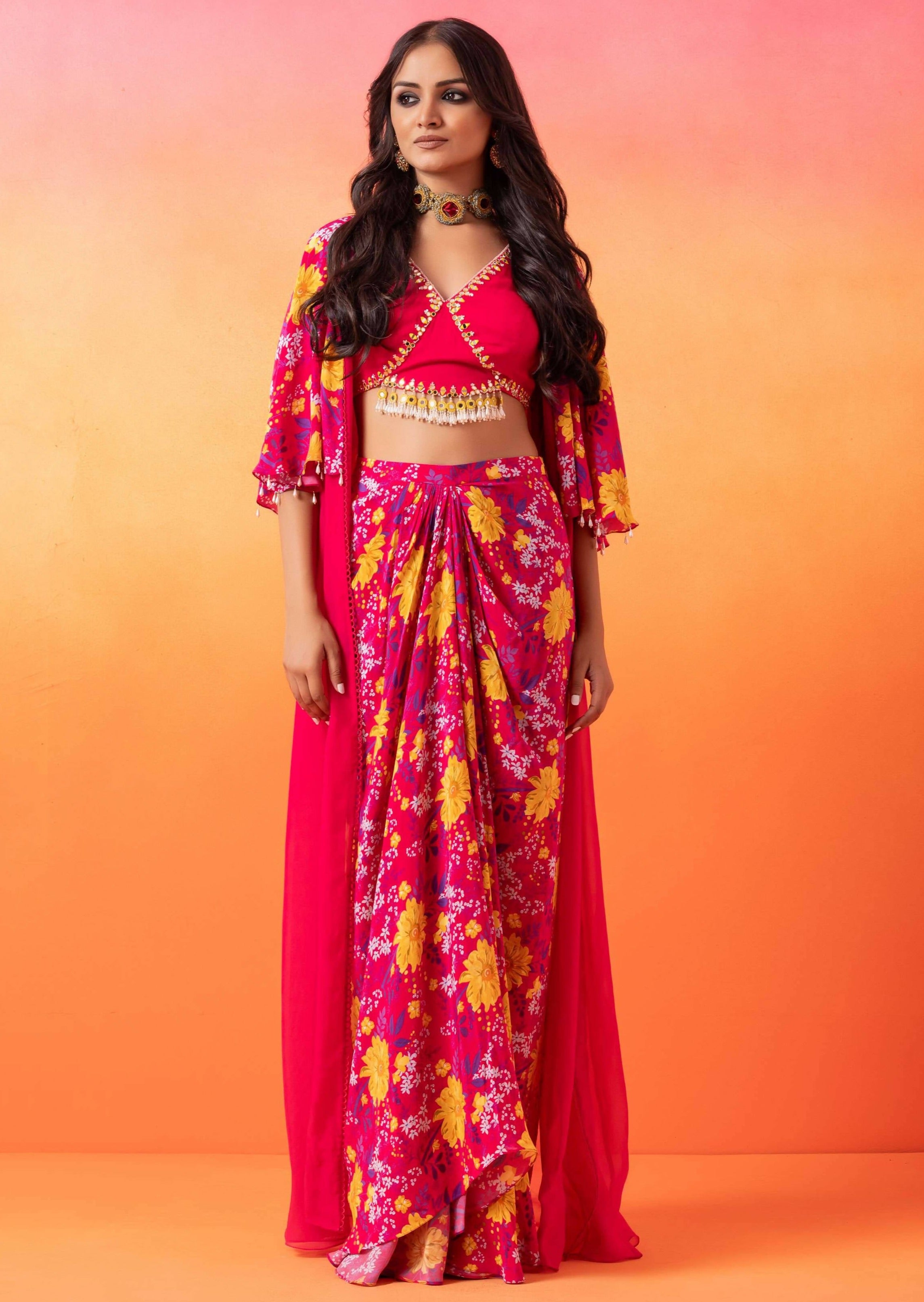 Fuschia Pink Floral Skirt Set